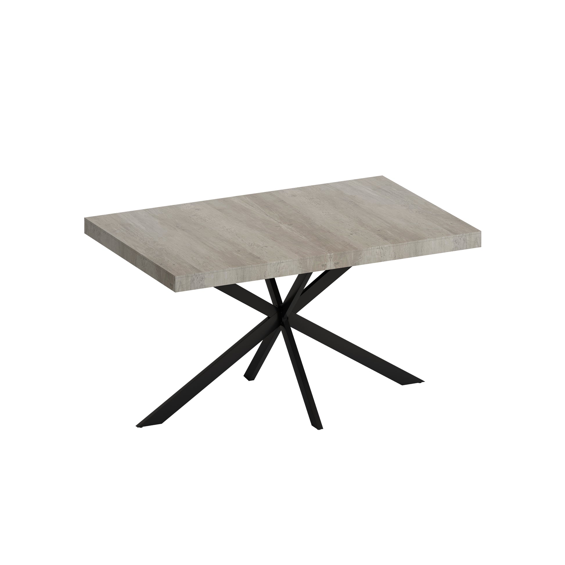 Rectangular gray wood dining table with black metal starburst base contemporary style
