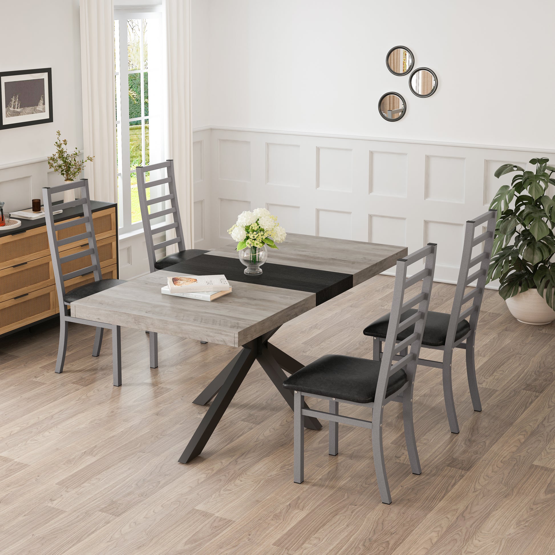 Modern dining set with rustic gray wood table and black chairs for four