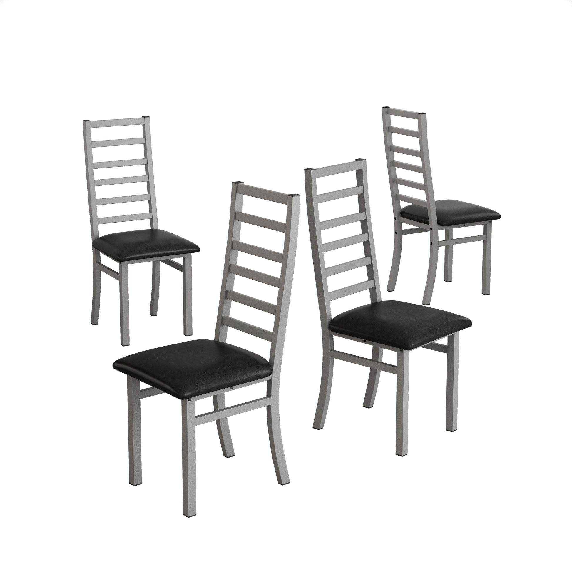 Four silver metal dining chairs with black cushioned seats and slatted backs
