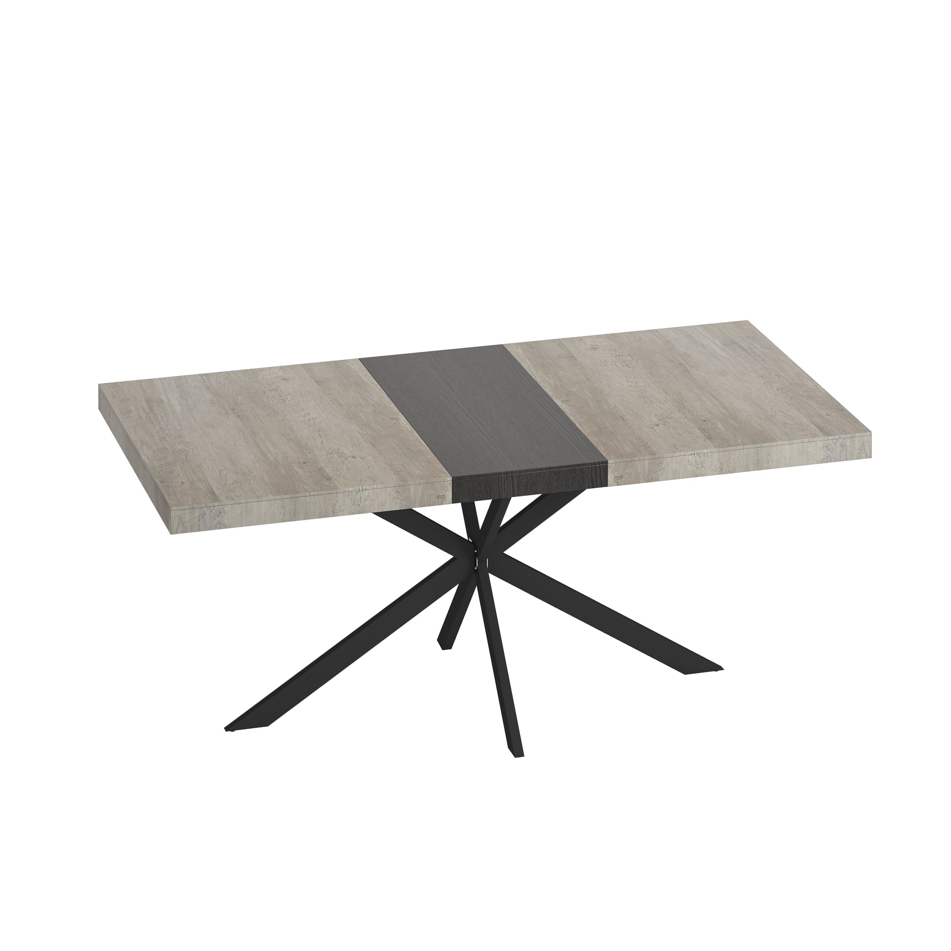 Rectangular dining table with light wood grain top and contrasting dark wood center on a black metal pedestal base