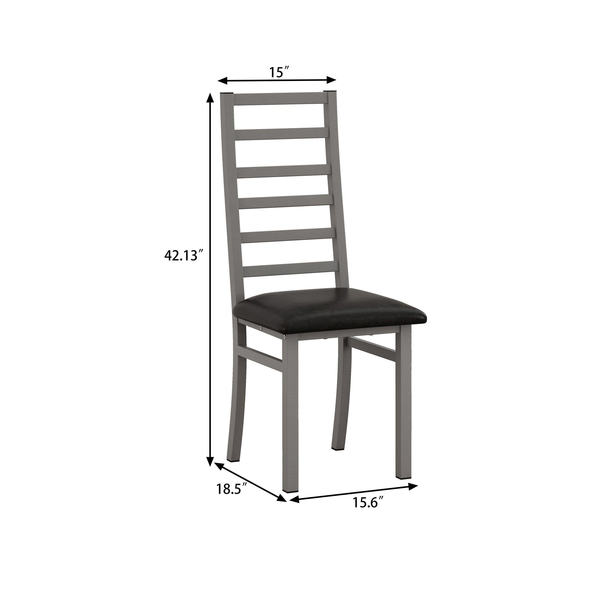 Modern grey metal dining chair with black upholstered seat