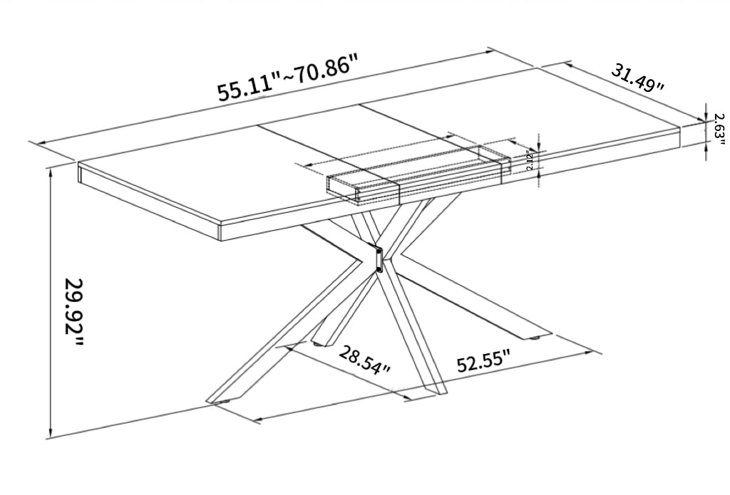 Diagram of extending dining table with Xshaped metal legs dimensions shown