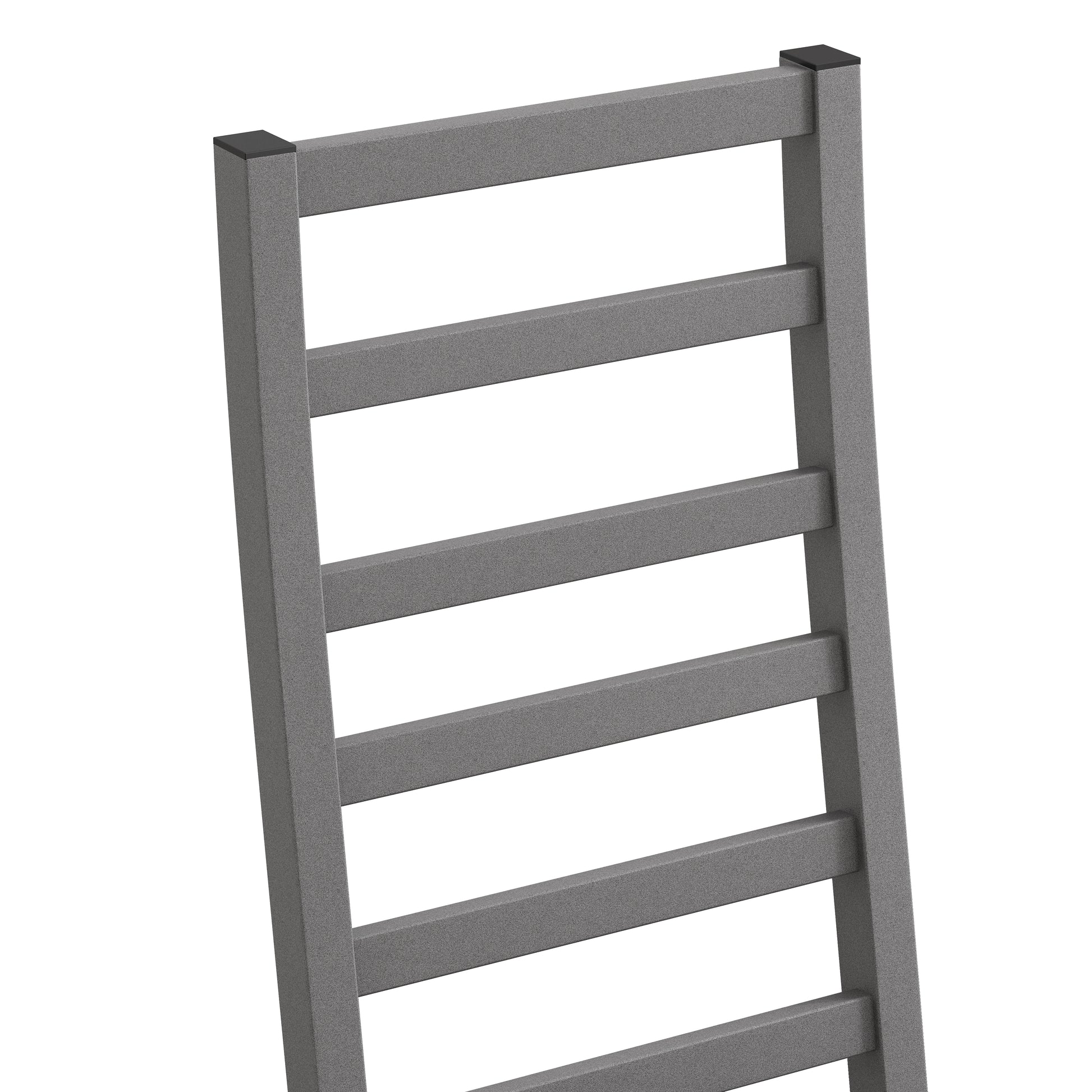 Modern grey metal ladder shelf with clean lines and black protective feet