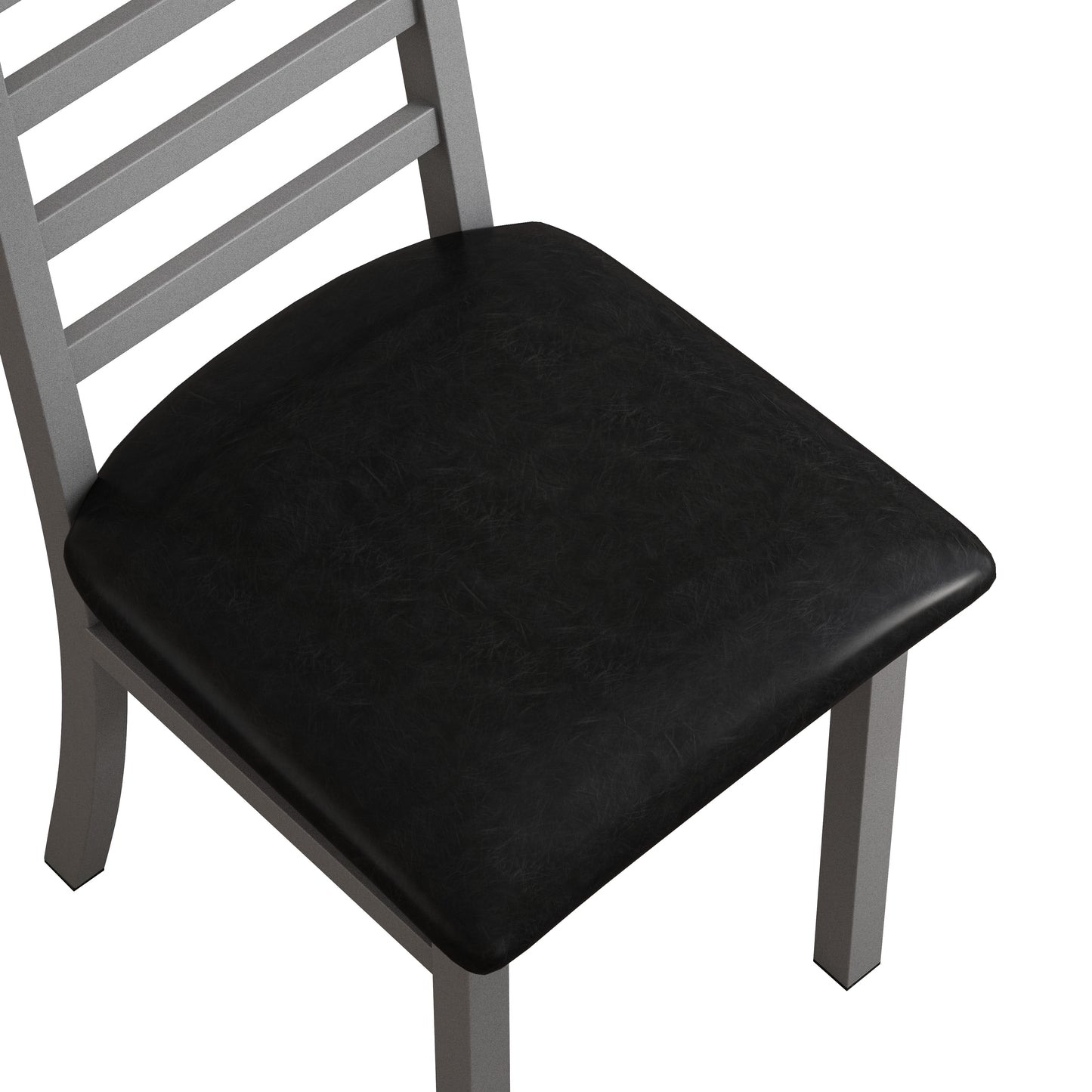 Modern metal chair with black faux leather seat and slatted back