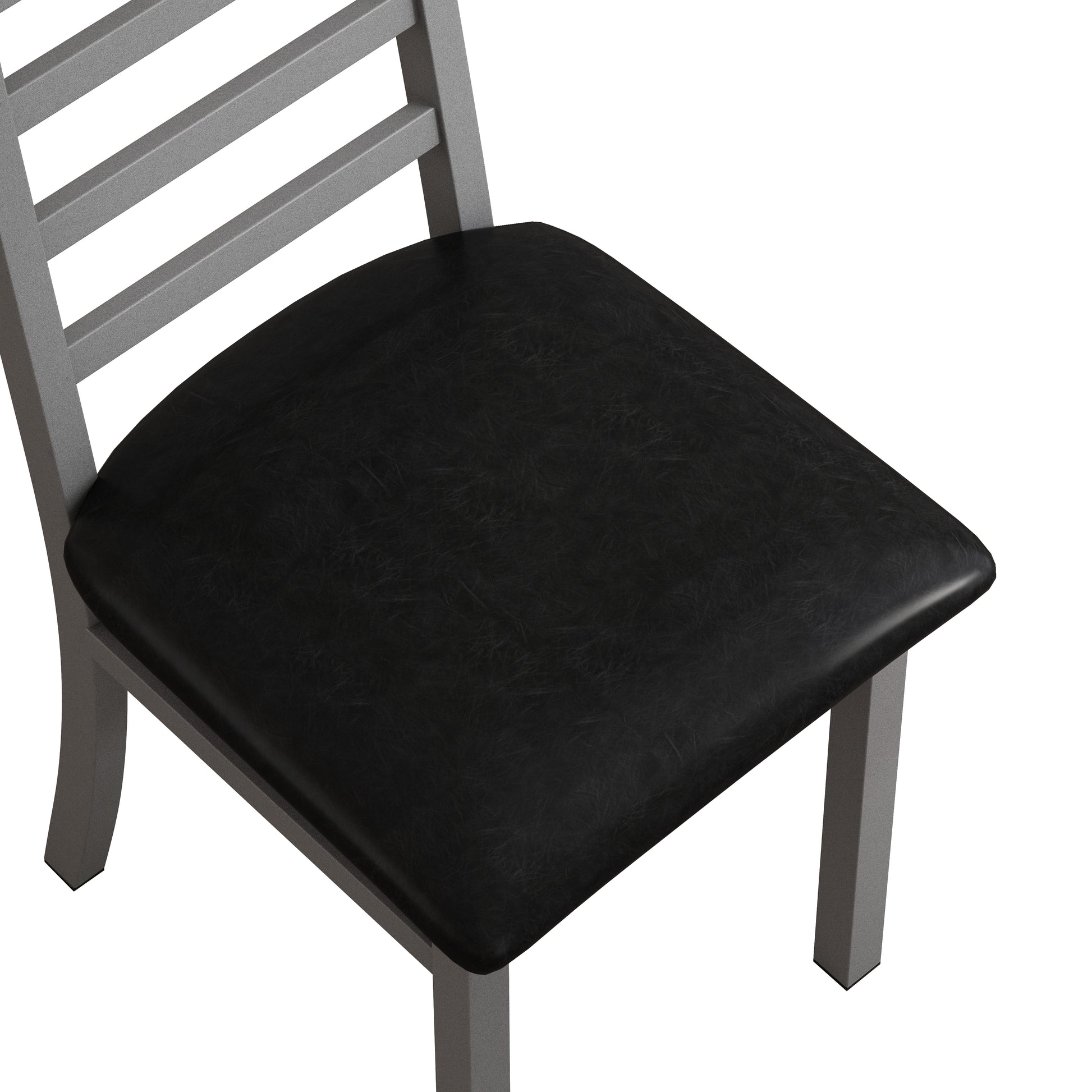 Modern metal chair with black faux leather seat and slatted back