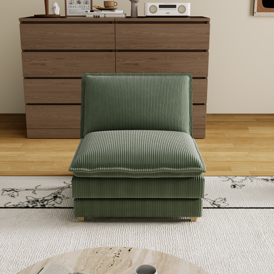 Sage green corduroy accent chair with plush vertical ribbed upholstery