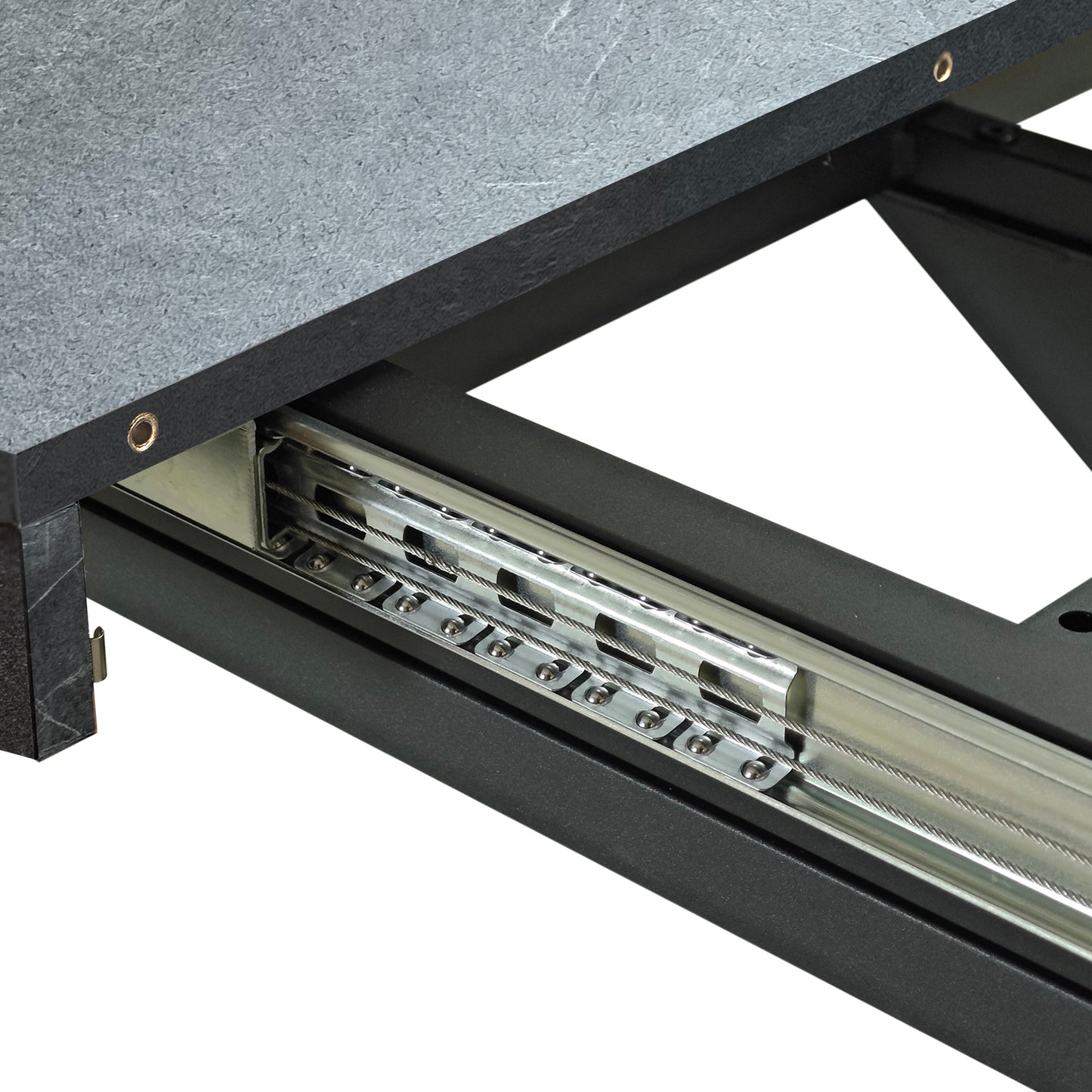 Closeup of heavyduty ball bearing drawer slides with cable system