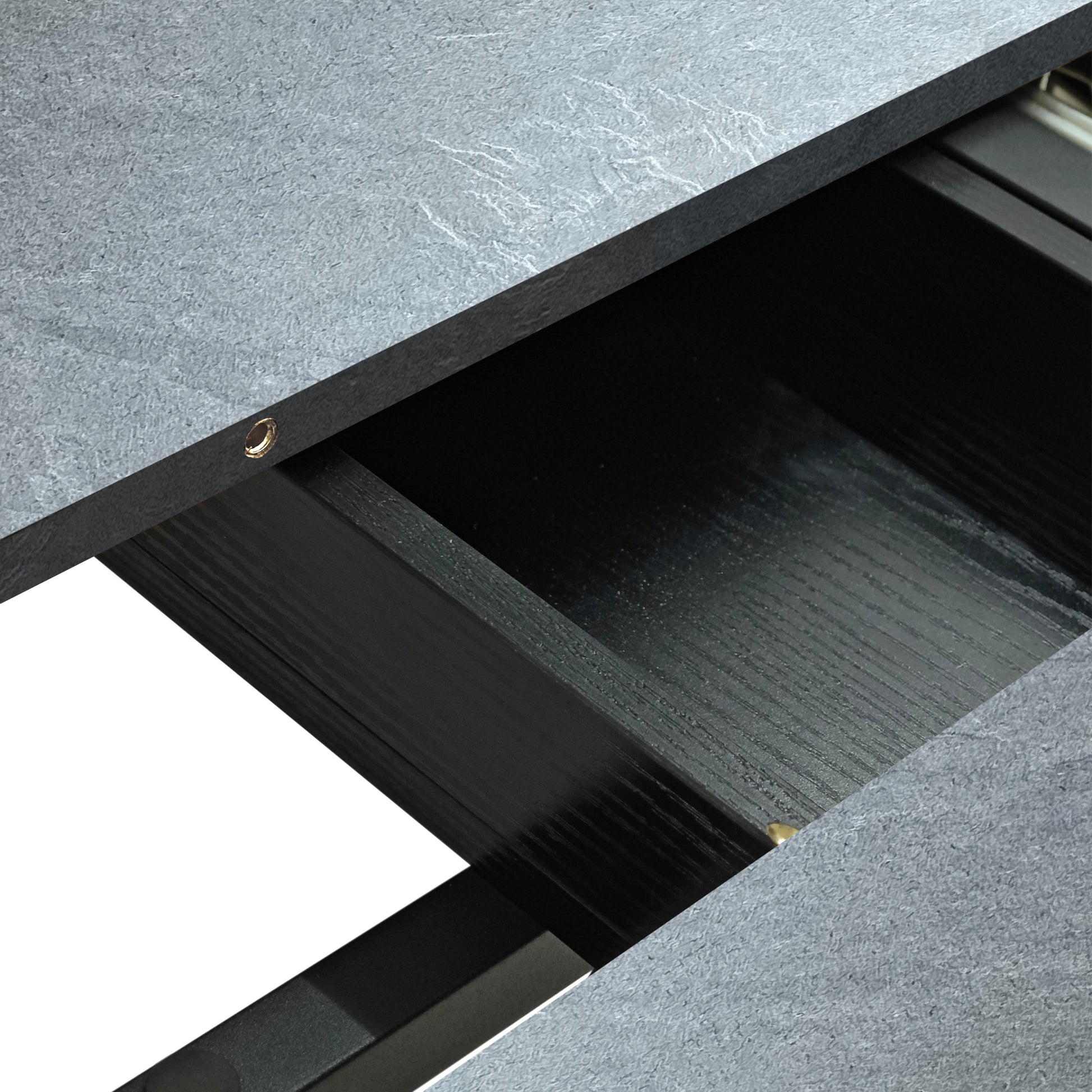 Modern gray slate tabletop with dark wood drawer details versatile furniture accent