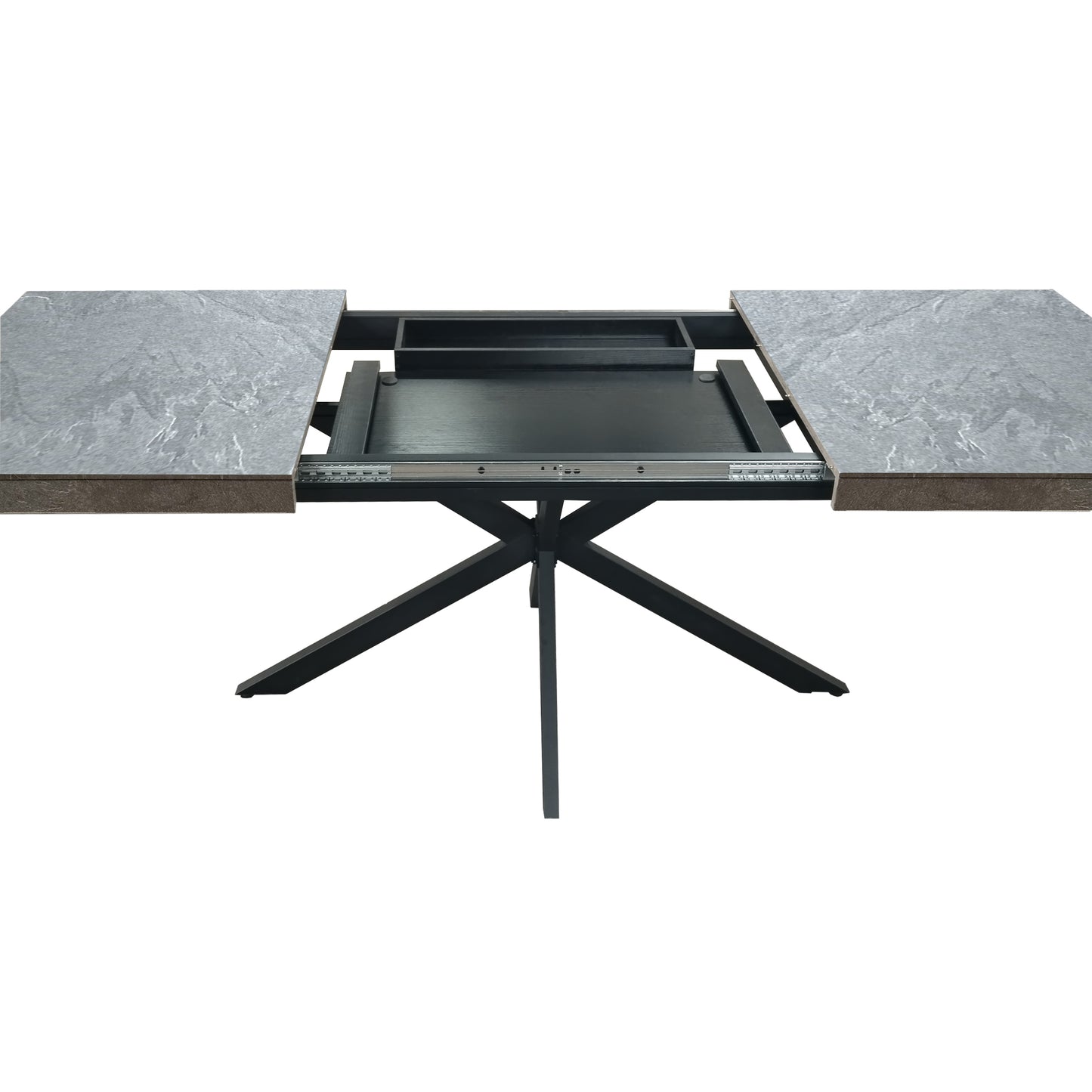 Expandable grey stone dining table with black metal pedestal base modern design