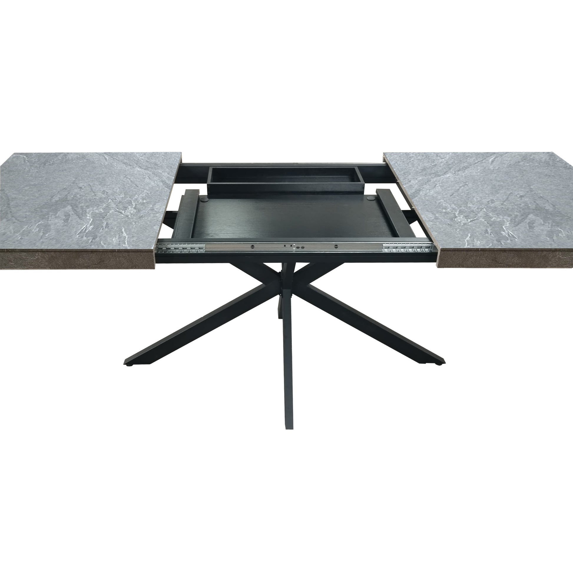 Expandable grey stone dining table with black metal pedestal base modern design
