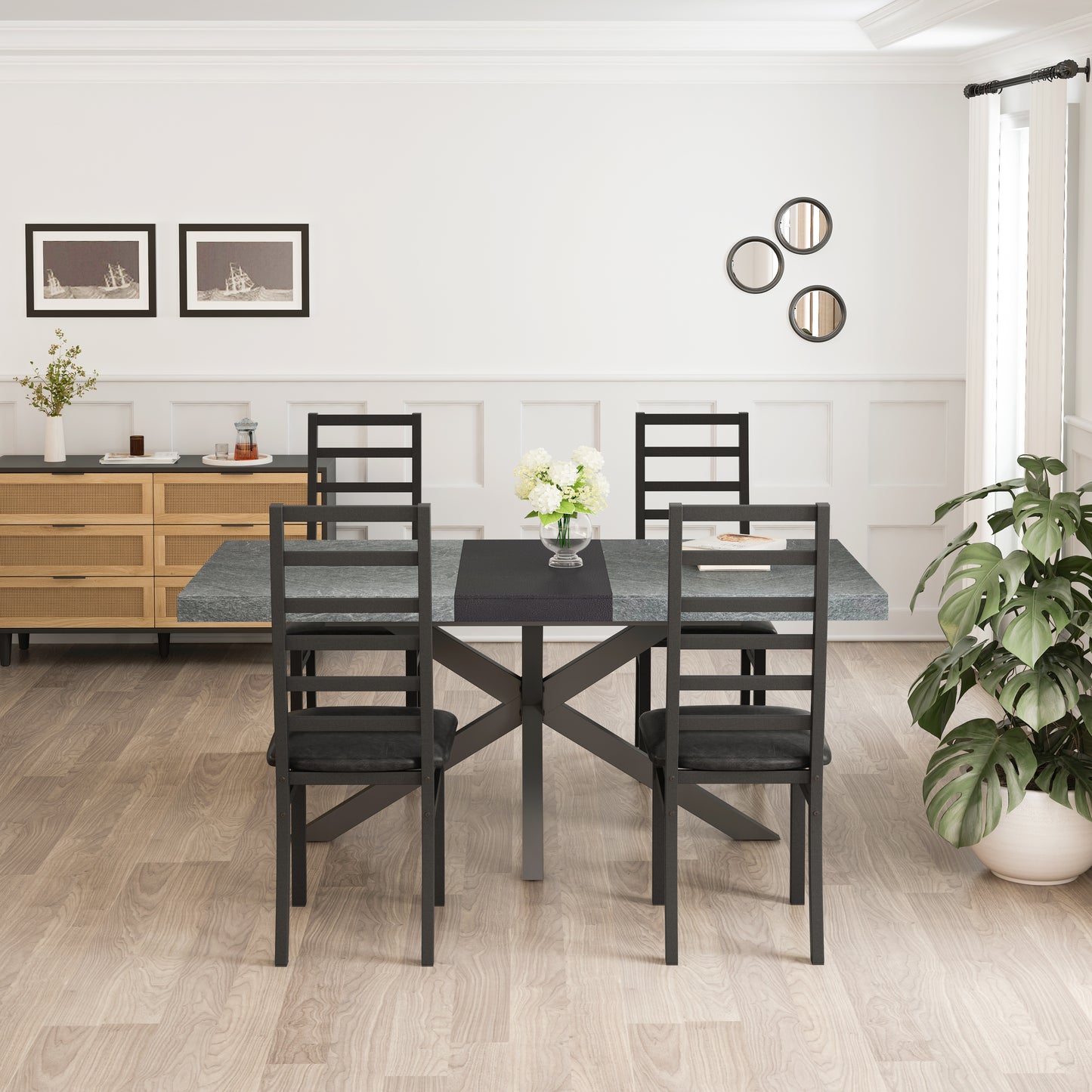Modern gray marble dining table with black metal base and chairs