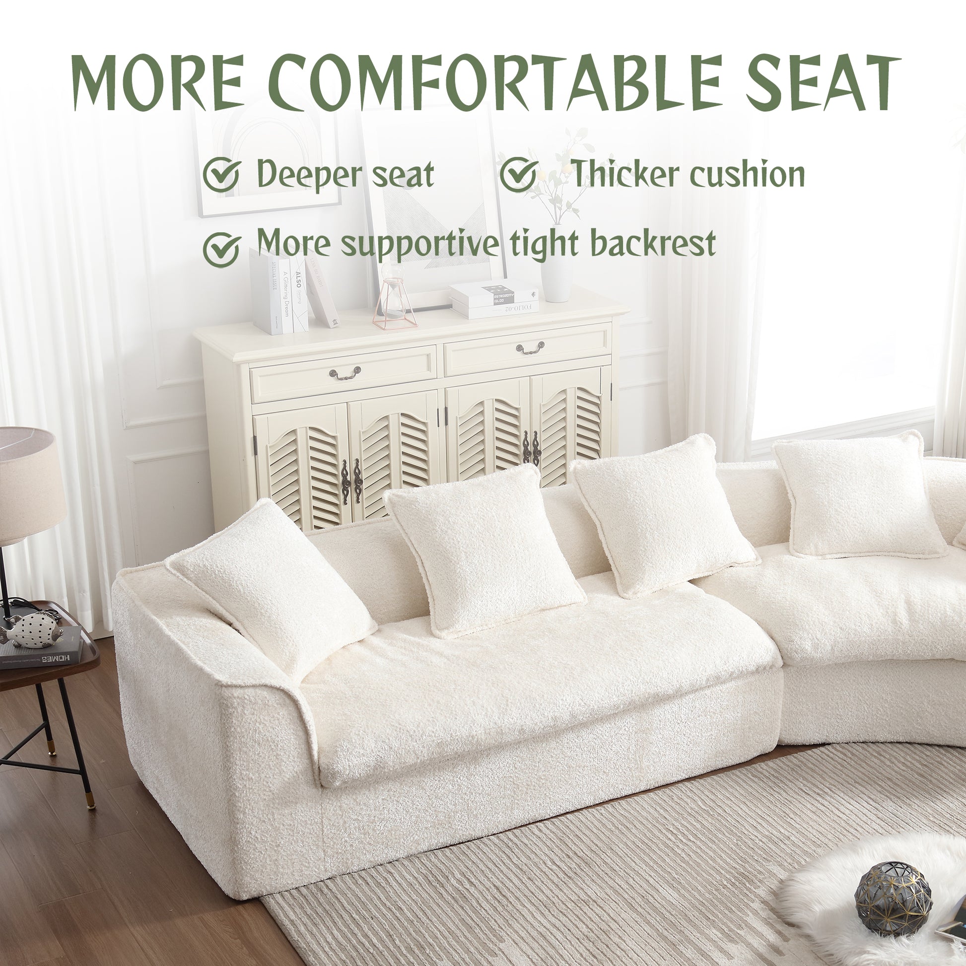 Plush cream boucle sectional sofa with deep seats and thick cushions for ultimate comfort