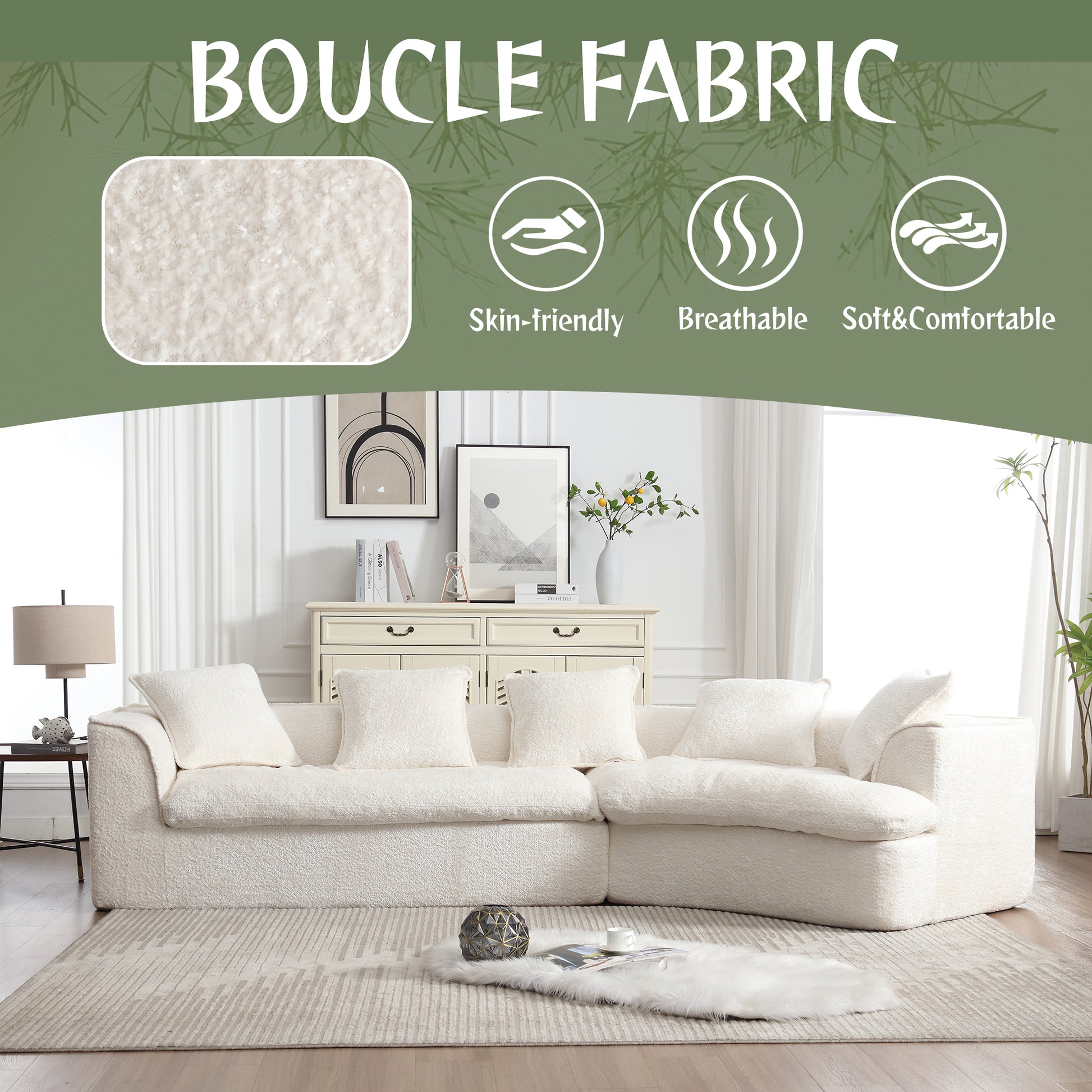 Plush white boucle fabric sectional sofa with matching throw pillows and a stylish rug