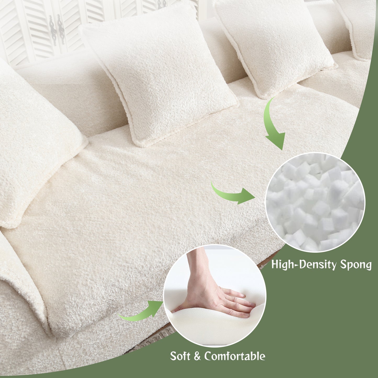 Cozy cream sherpa sectional sofa with plush cushions highlighting its soft texture