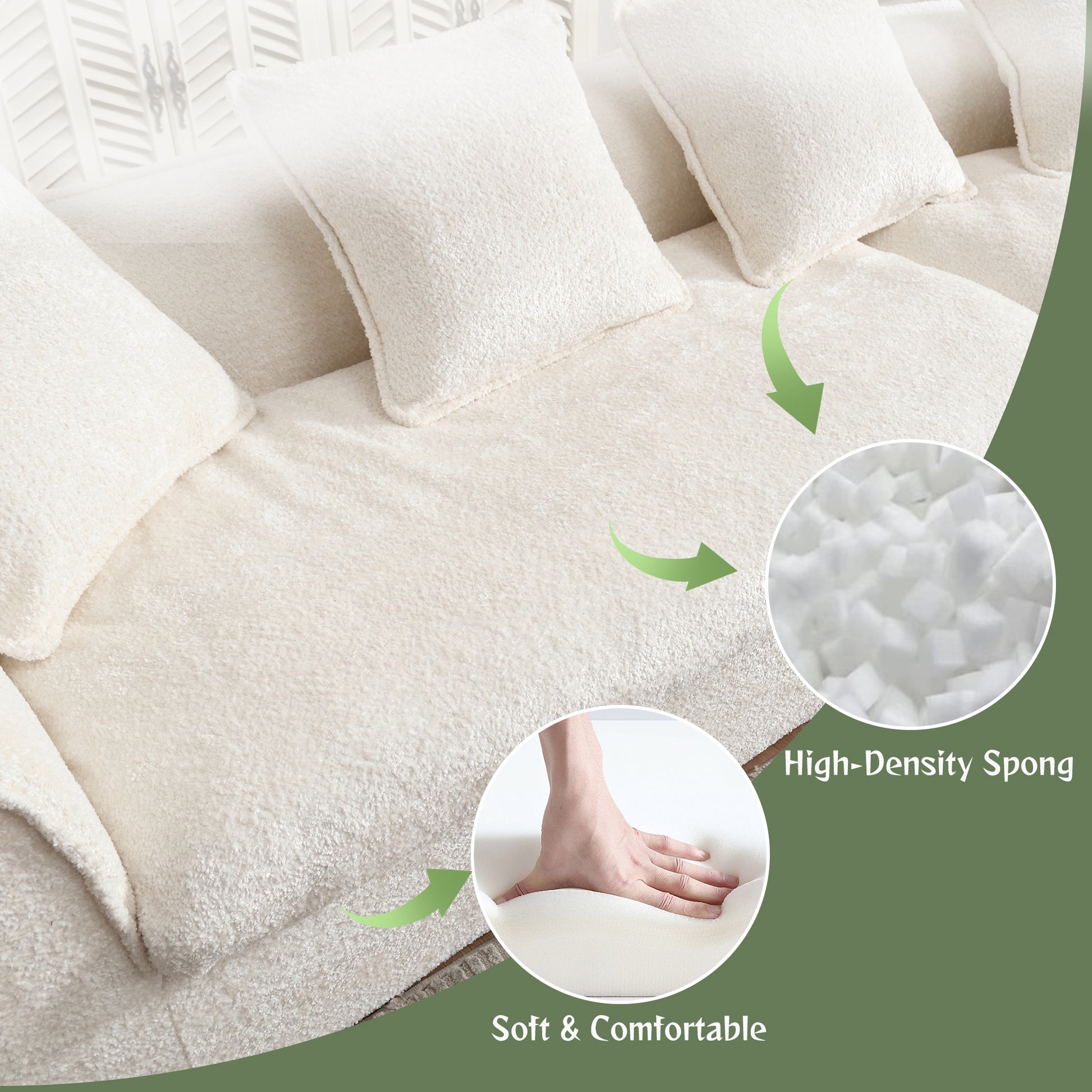 Cozy cream sherpa sectional sofa with plush cushions highlighting its soft texture
