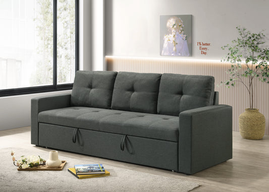 Dark grey upholstered sofa with tufted cushions and storage drawers