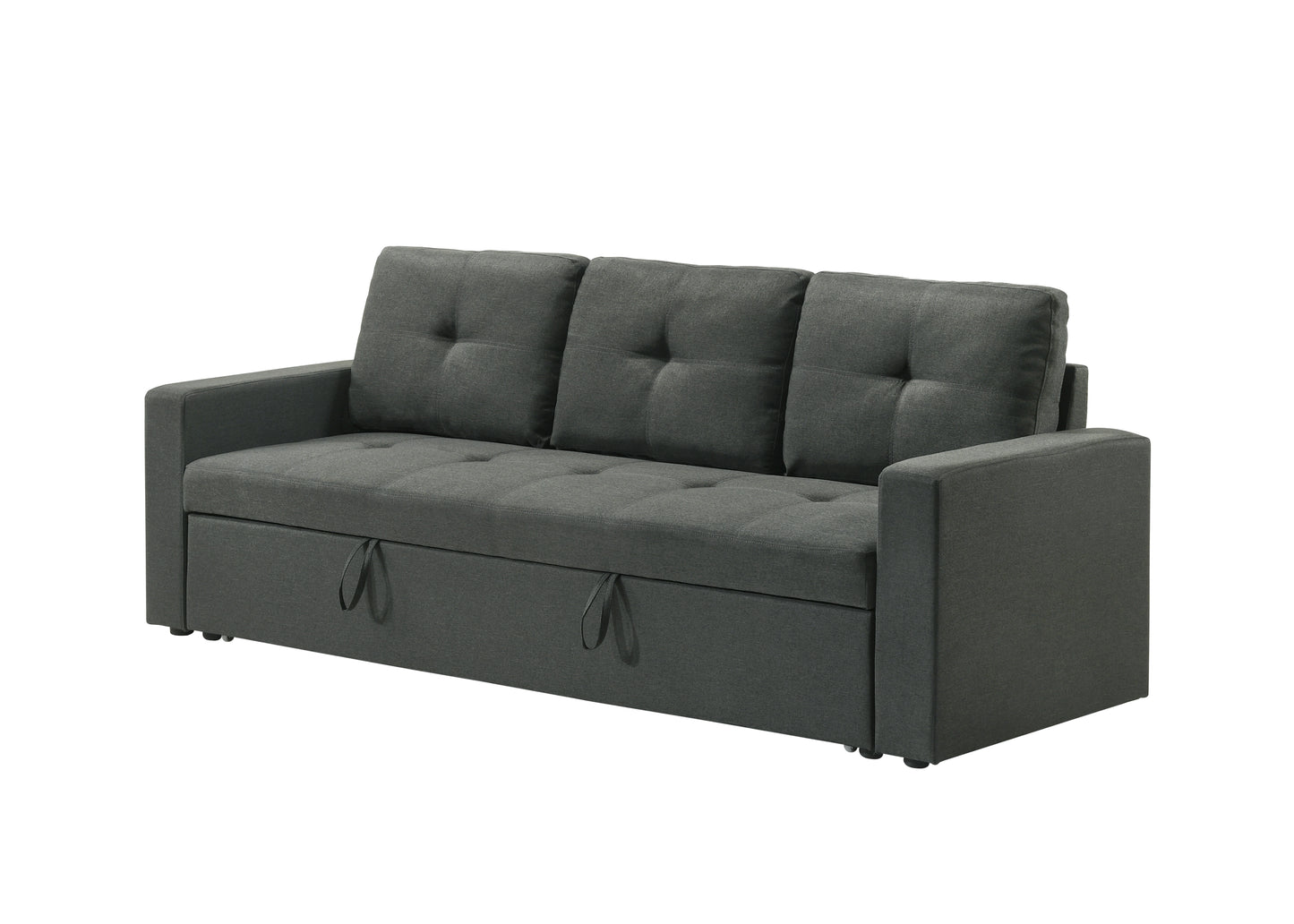 Charcoal grey sofa bed with tufted cushions and pullout mattress mechanism
