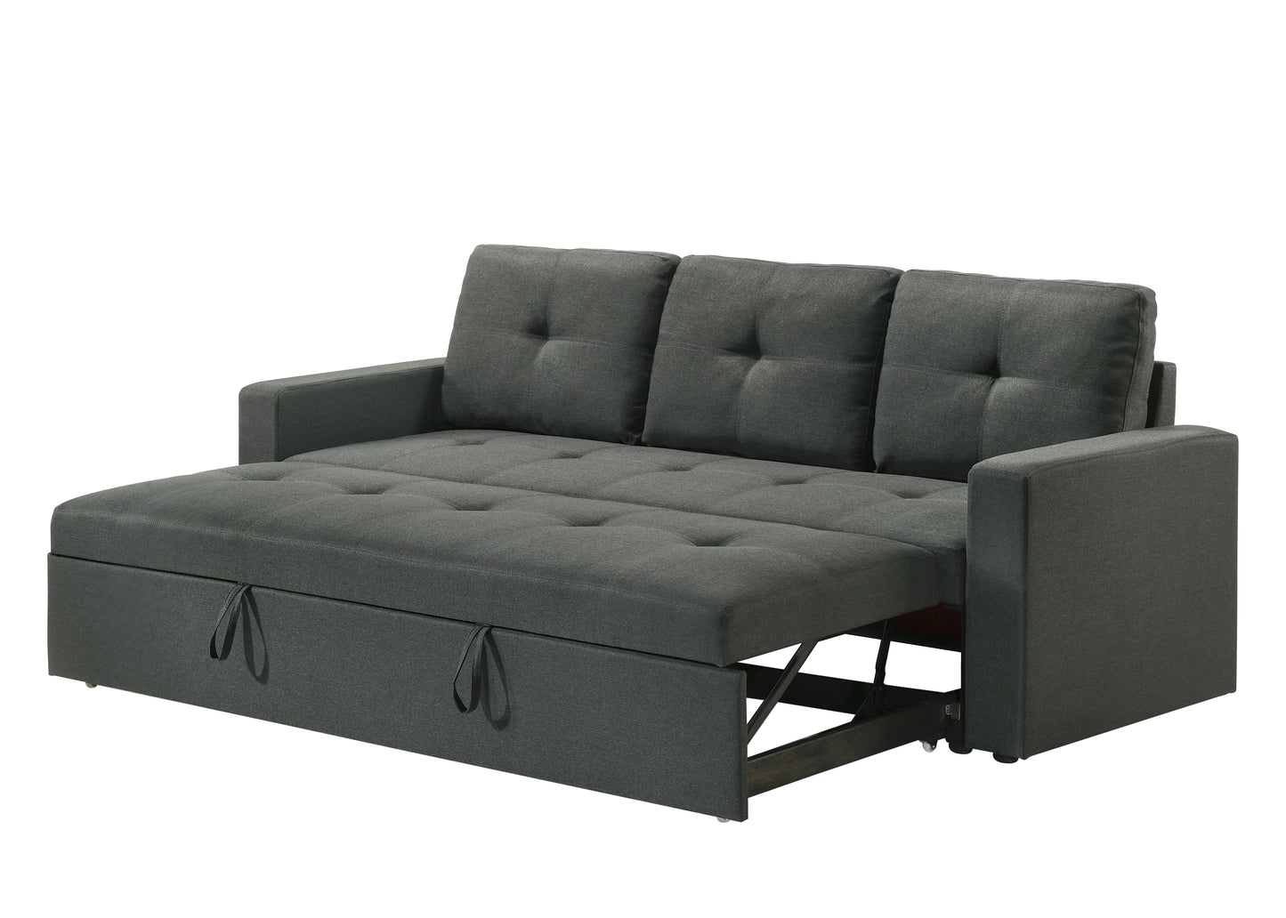 Dark grey fabric sofa bed with pullout storage drawers ideal for small spaces
