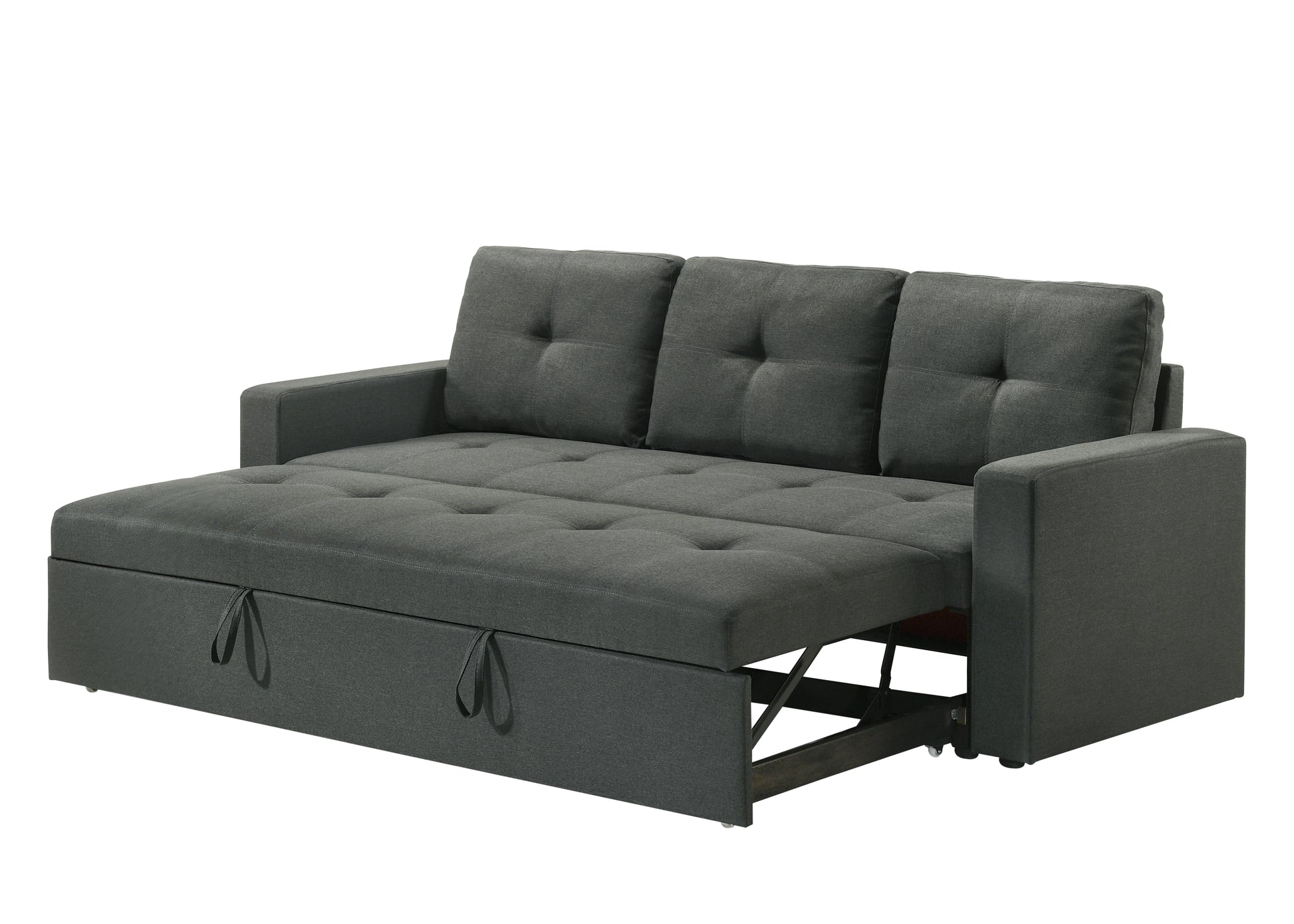 Dark grey fabric sofa bed with pullout storage drawers ideal for small spaces