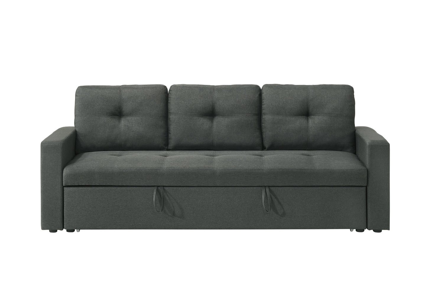 Charcoal grey upholstered sofa bed with tufted cushions and pull handles