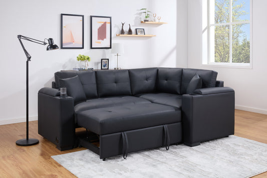 Black faux leather sectional sofa with pullout bed and integrated cup holders