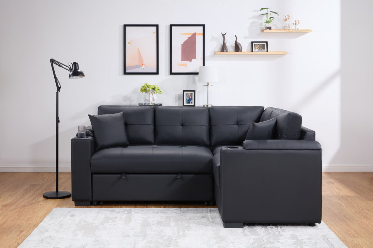 Black faux leather sectional sofa with hidden bed tufted cushions and cup holders