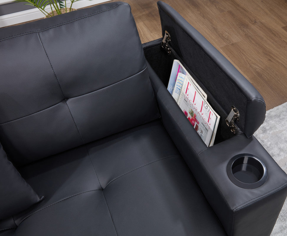 Black leather recliner sofa with hidden storage compartment in armrest and cup holder