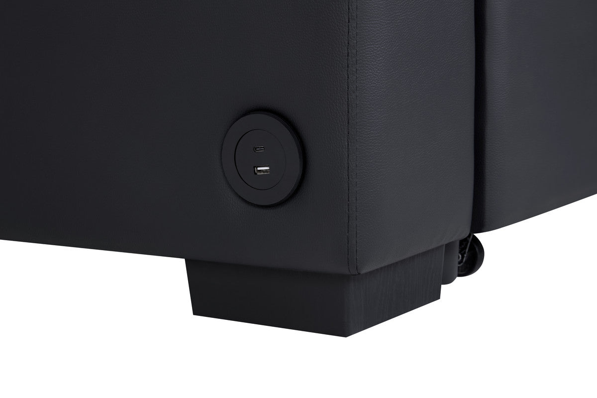 Black leather recliner with integrated dual USB charging port on the side