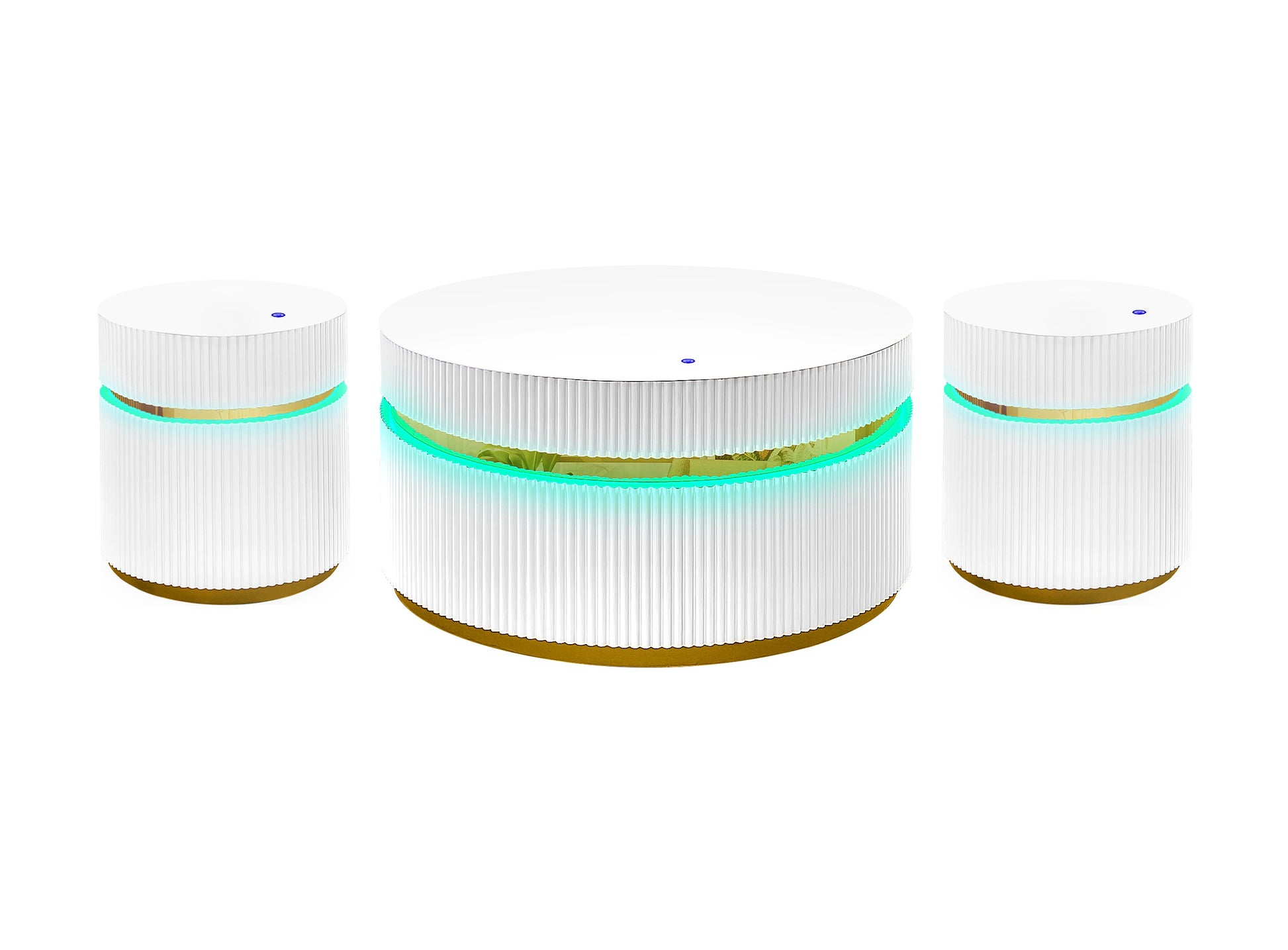 Modern white speaker set with gold accents and pulsing blue LEDs Perfect for home audio