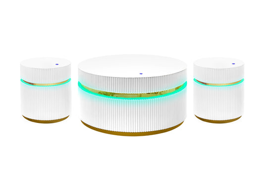 Modern white speaker set with gold accents and pulsing blue LEDs Perfect for home audio