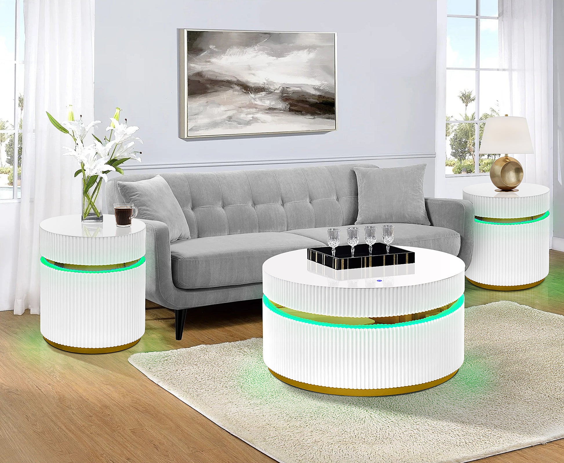 Modern white round coffee table with LED light and fluted texture
