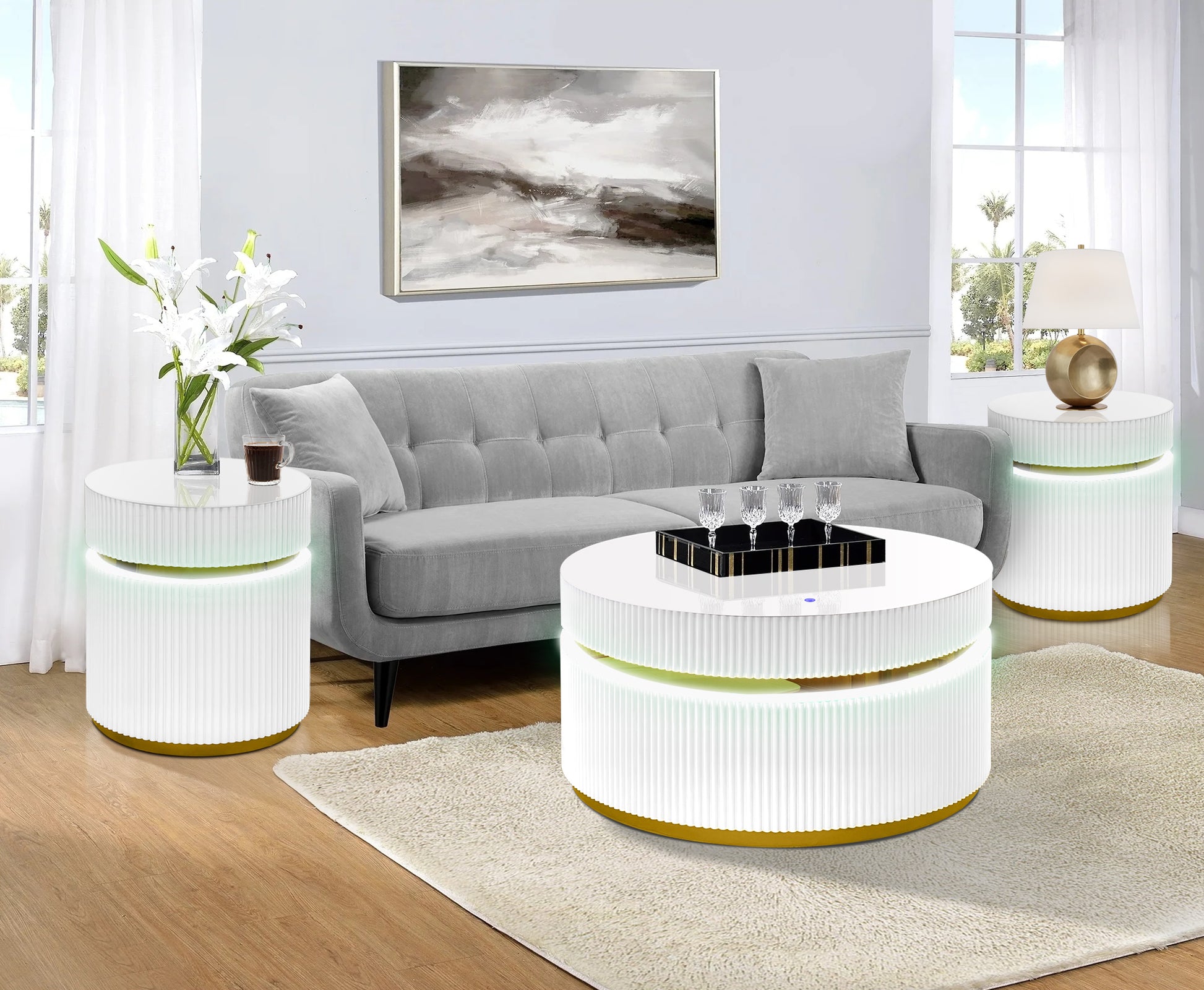 Modern white fluted coffee table with LED glow and gold base perfect for living rooms
