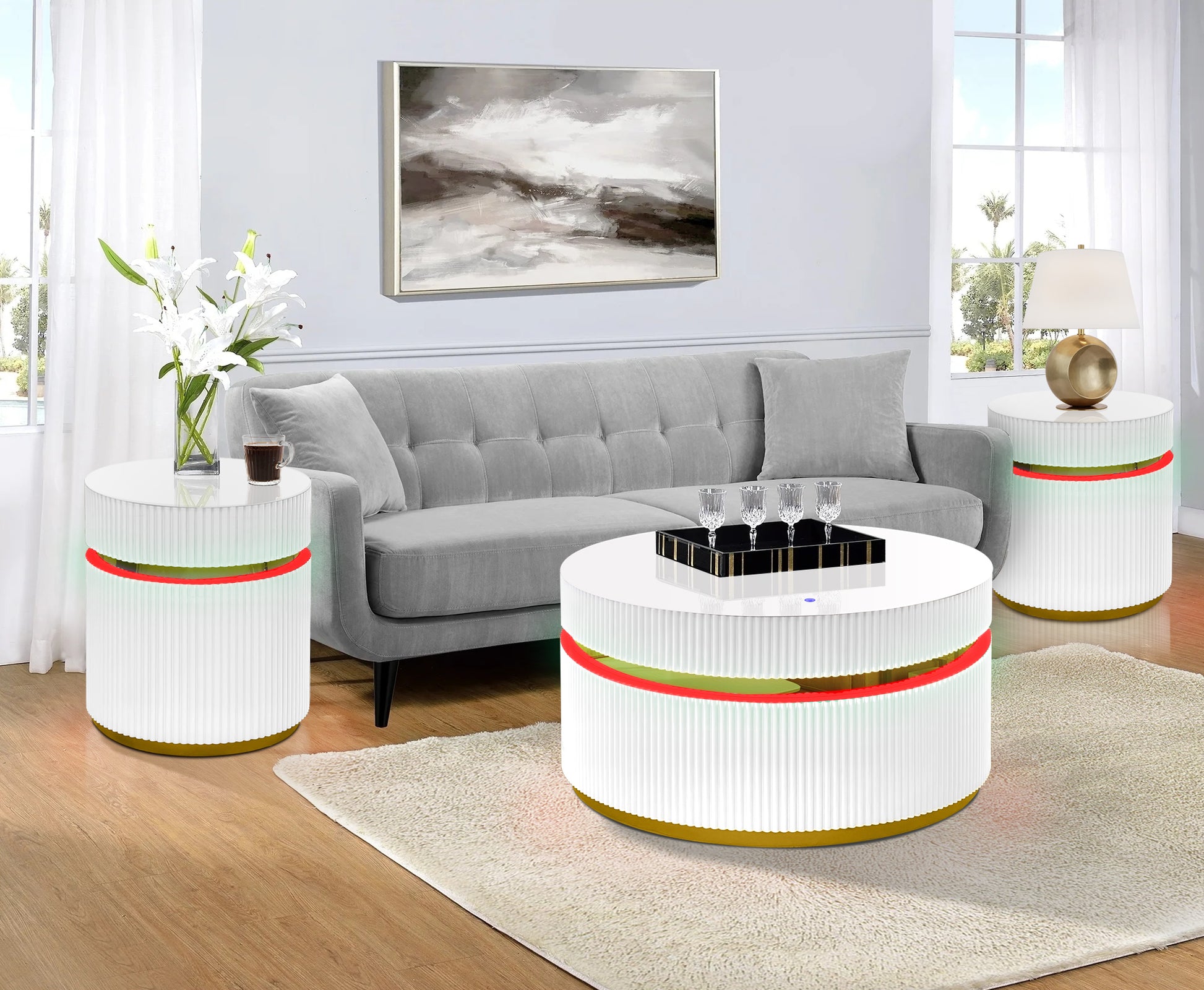 White fluted coffee table with LED lighting and gold base perfect for modern living rooms