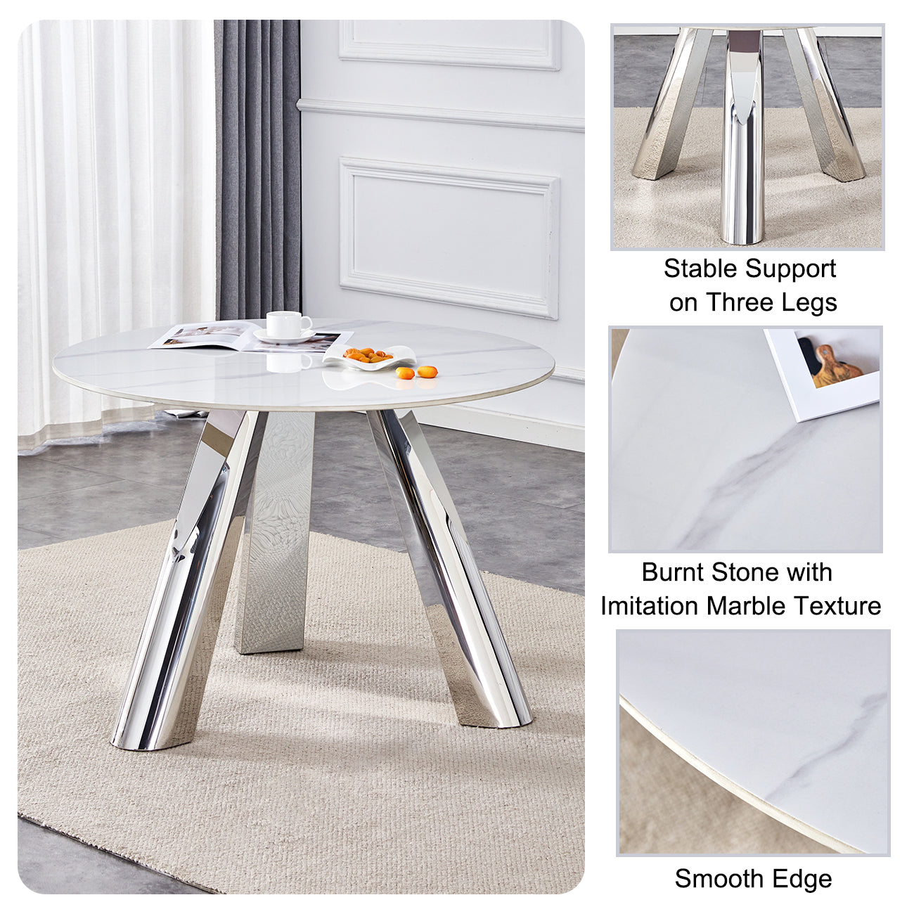 Modern round dining table with white marblelook top and chrome legs