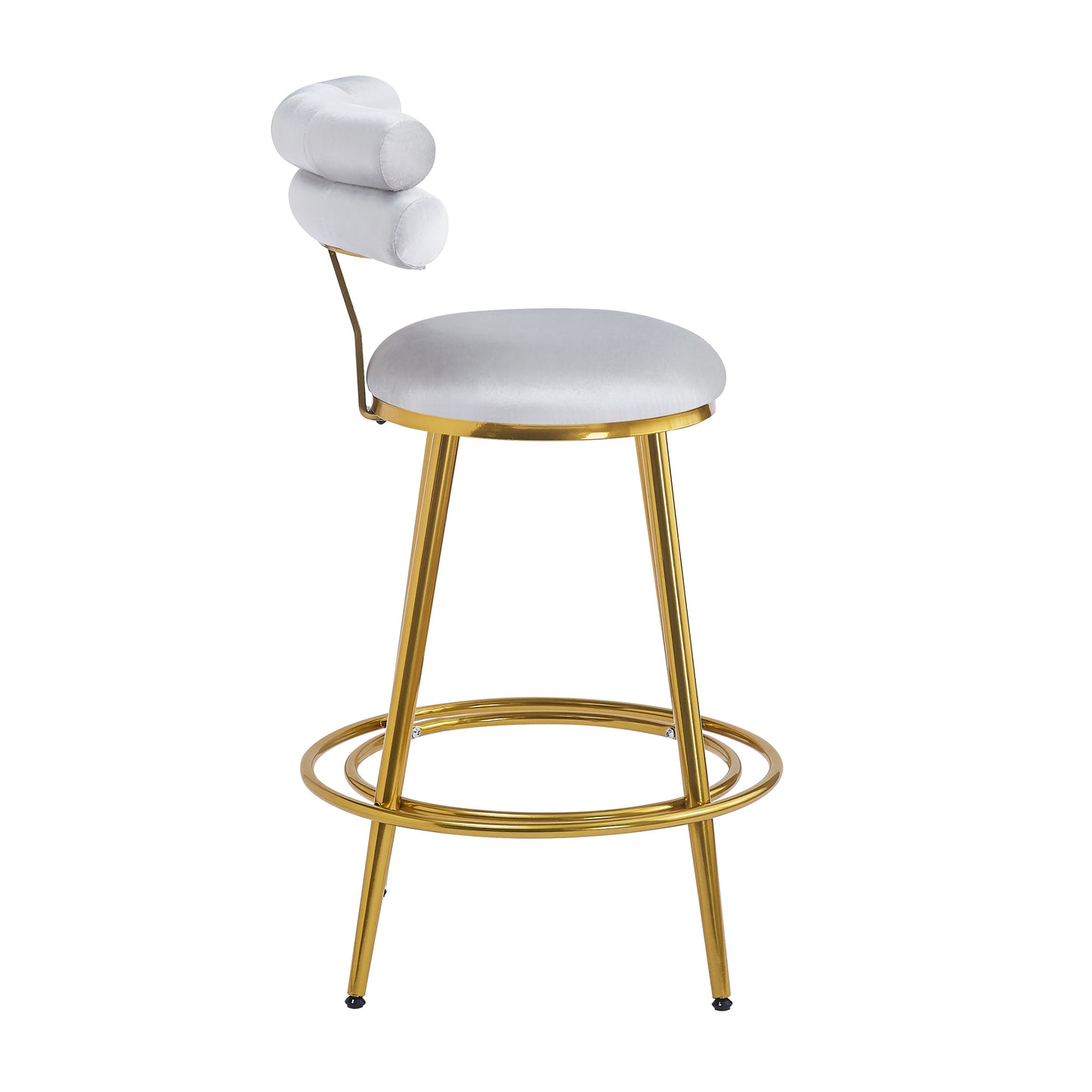 Plush white velvet bar stool with a gold metal frame and unique bolster backrest