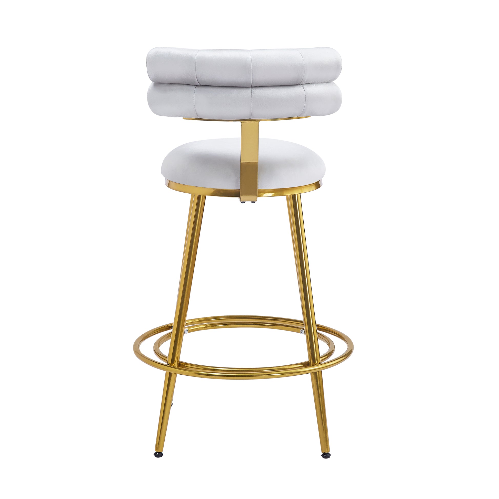 White velvet tufted bar stool with plush seating and a polished gold metal frame