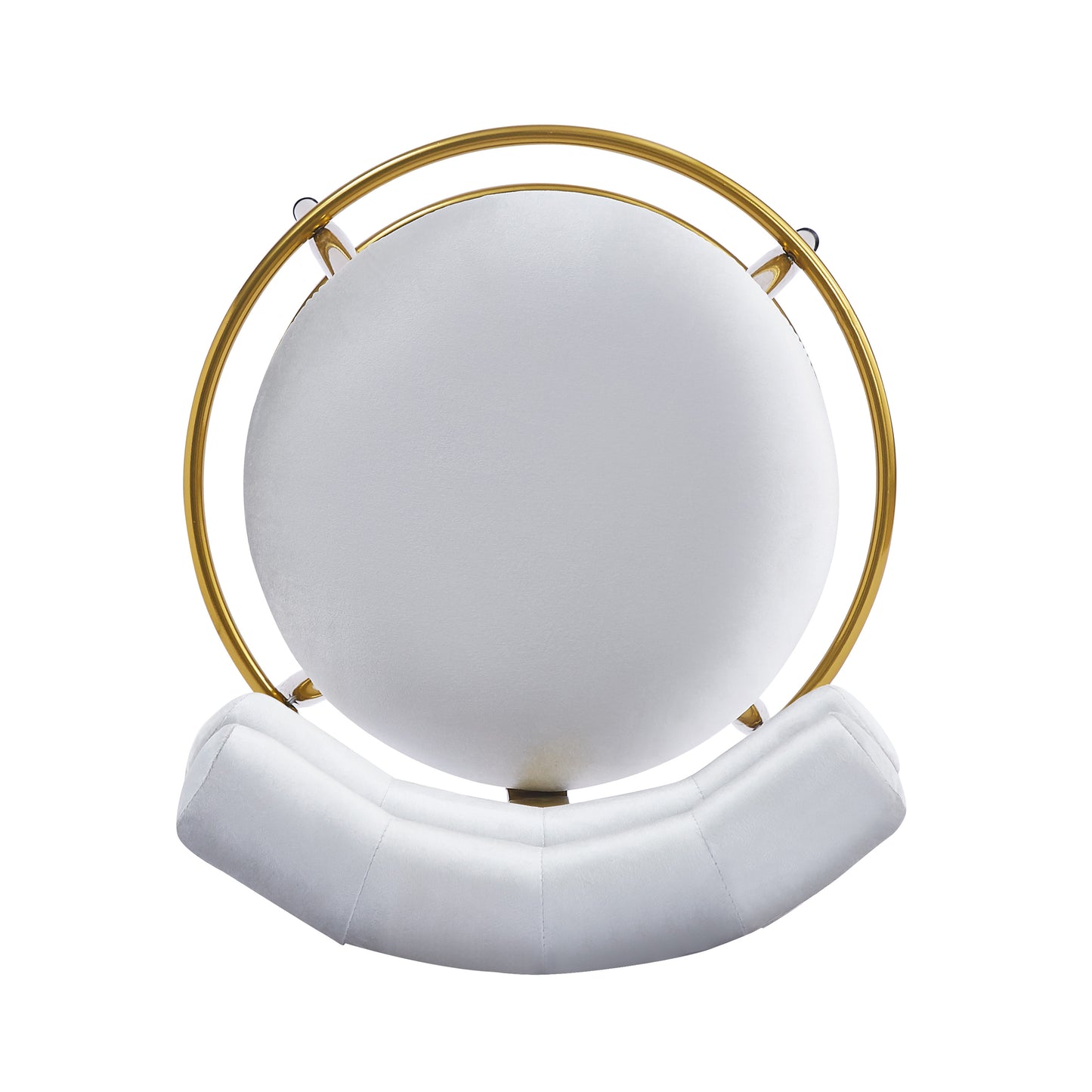 Plush white velvet accent chair with polished gold metal frame and round seat
