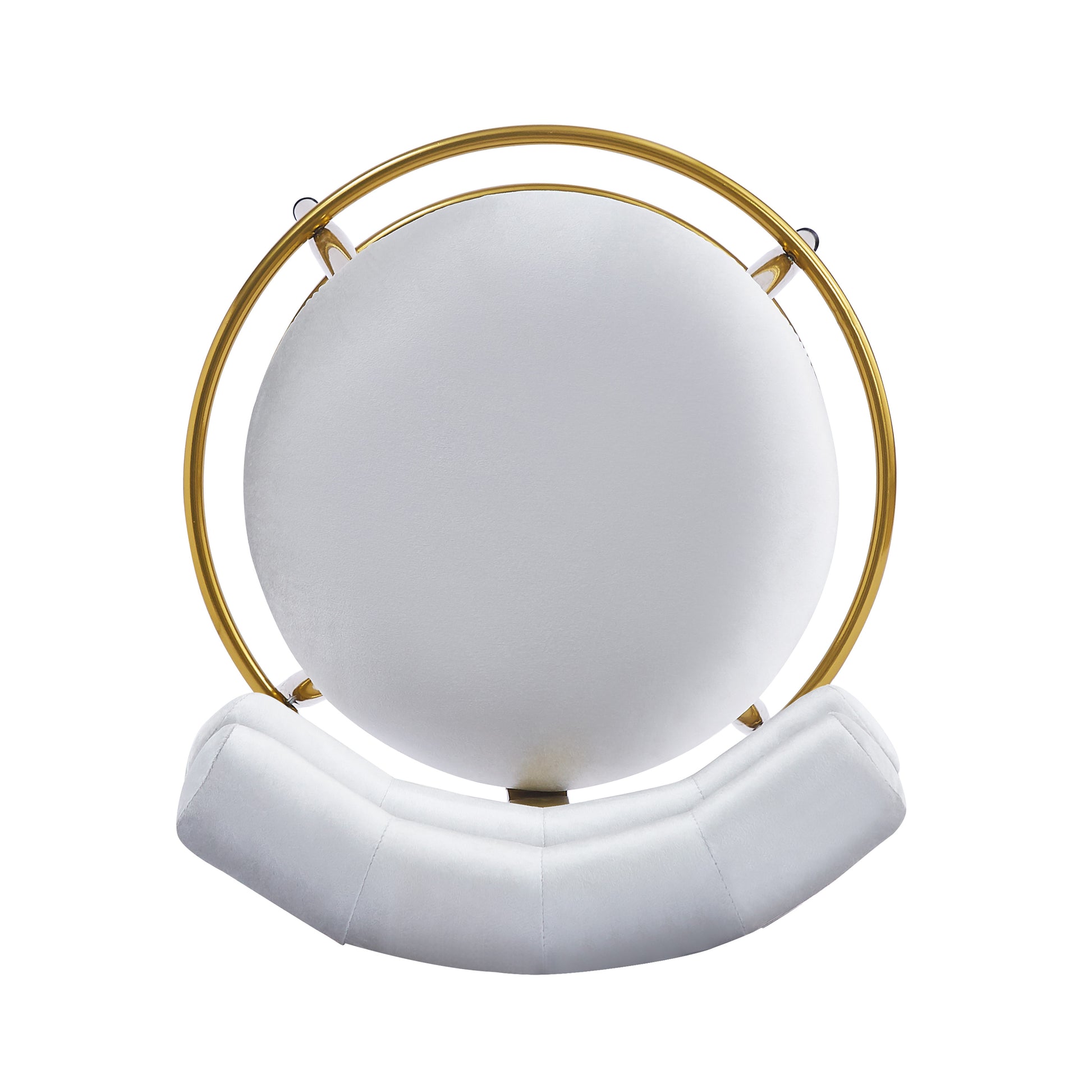 Plush white velvet accent chair with polished gold metal frame and round seat