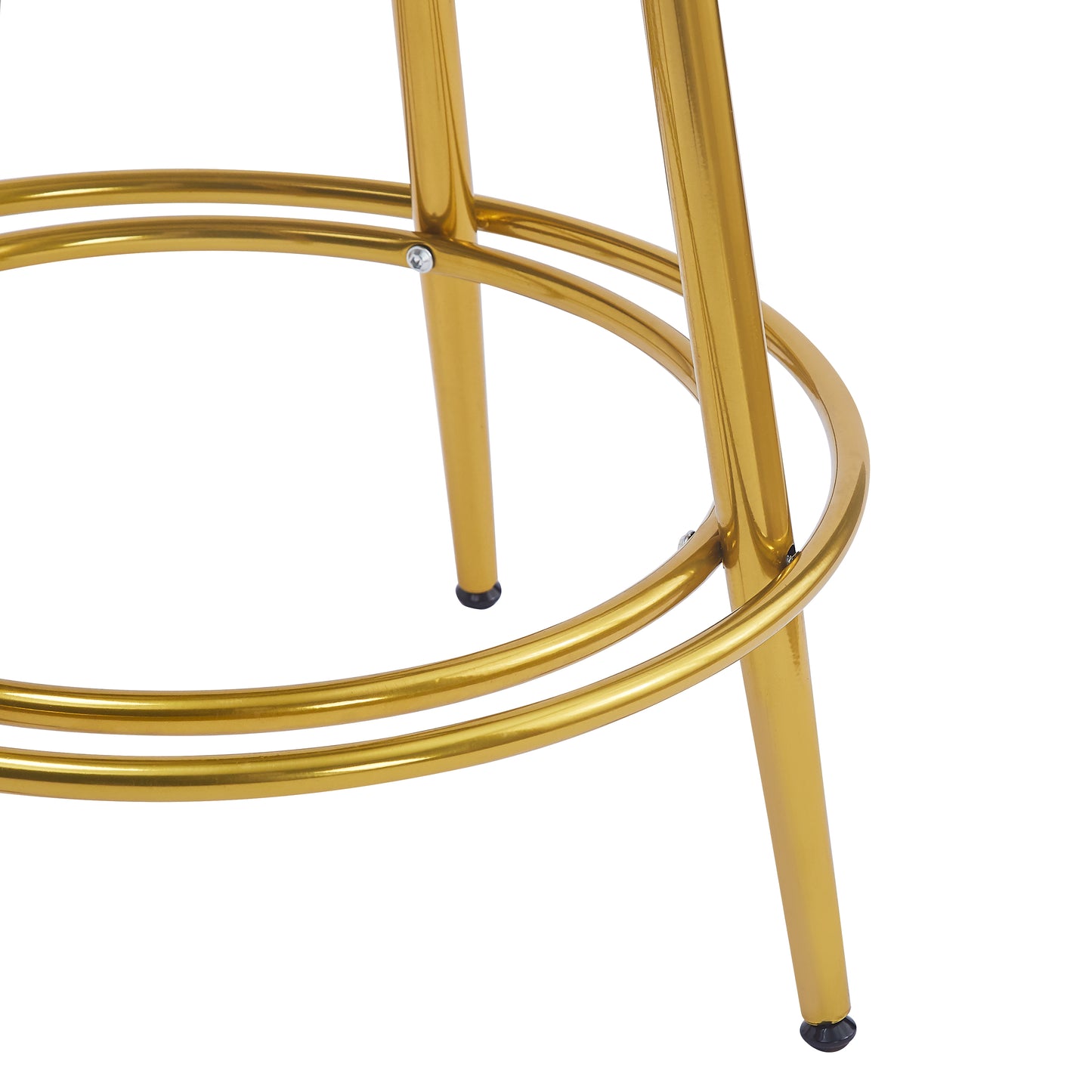 Closeup of gold bar stool legs with supportive circular footrests elegant design
