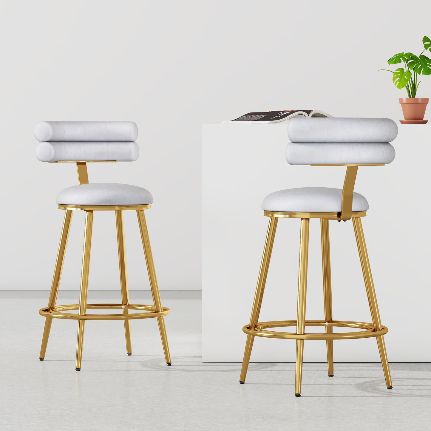 Modern white upholstered bar stool with gold legs featuring a ribbed backrest