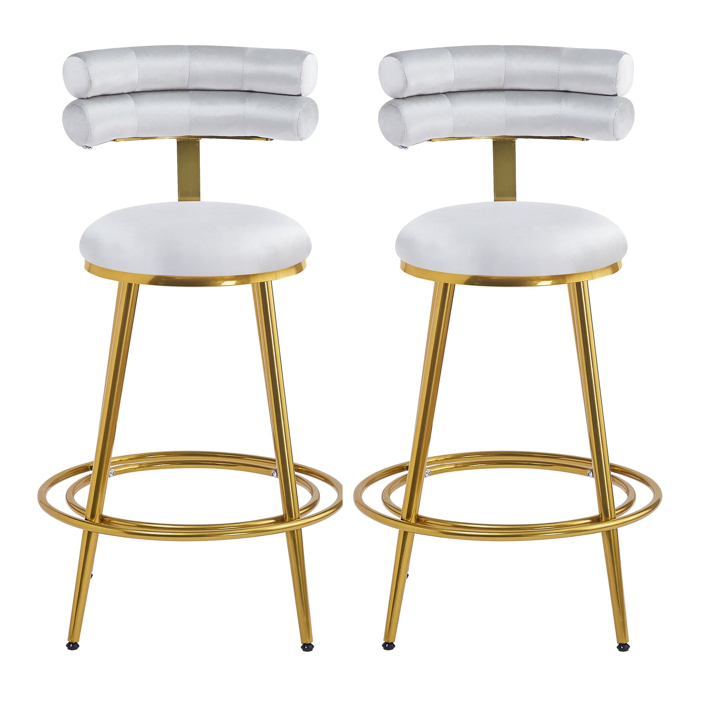 Two white velvet bar stools with gold legs and stacked cushioned backs for modern kitchens