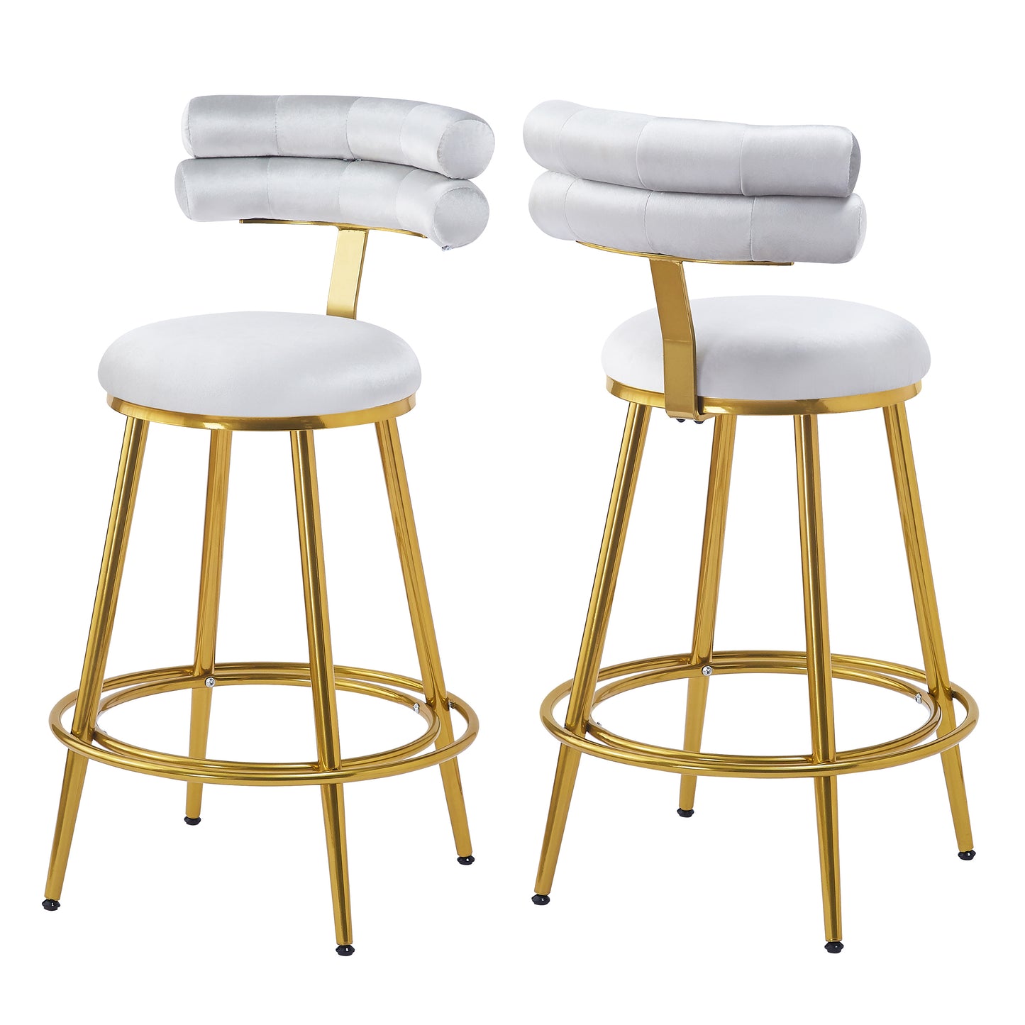 Two white velvet bar stools with gold legs and curved backrests