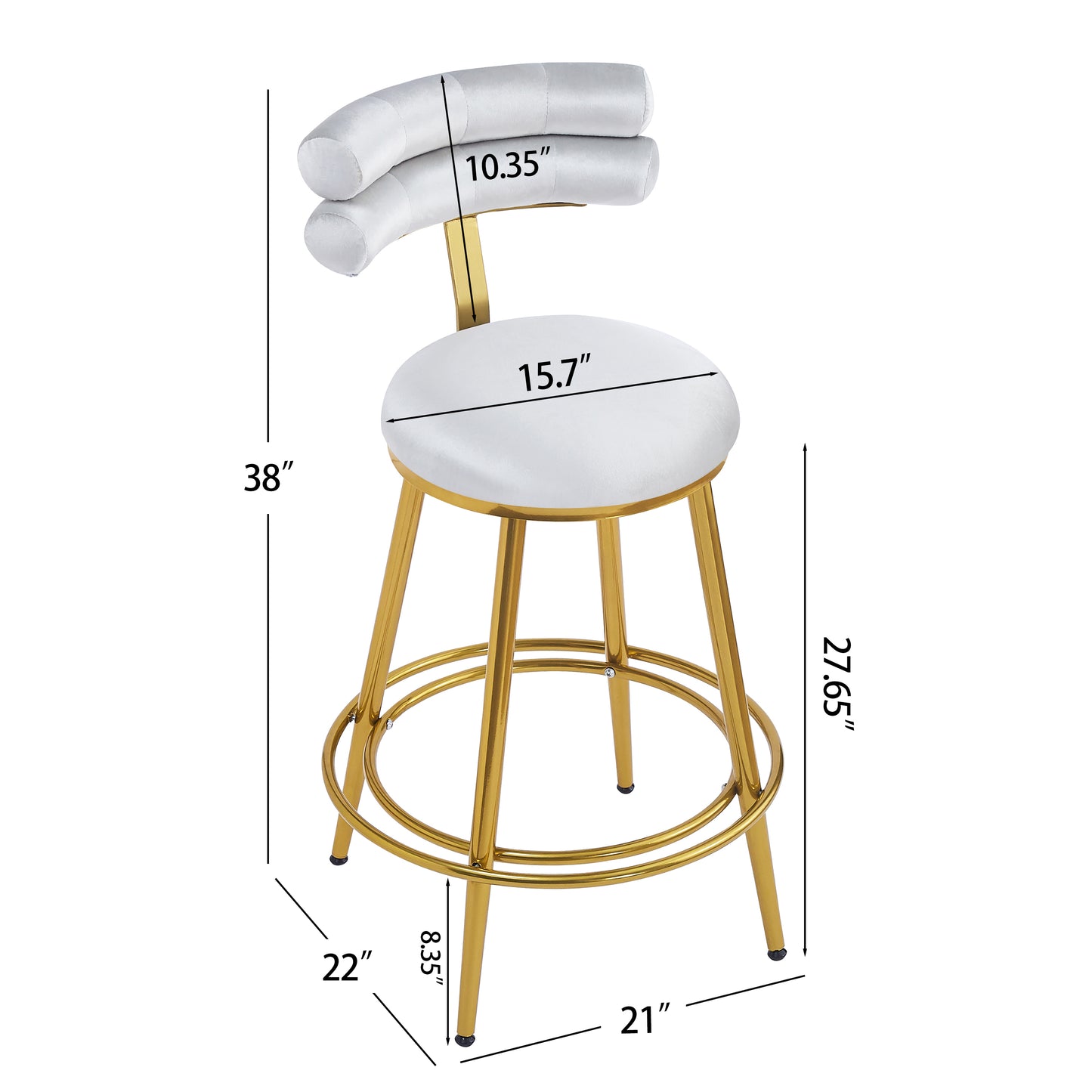 Modern white velvet bar stool with gold metal legs and a curved doublepadded backrest