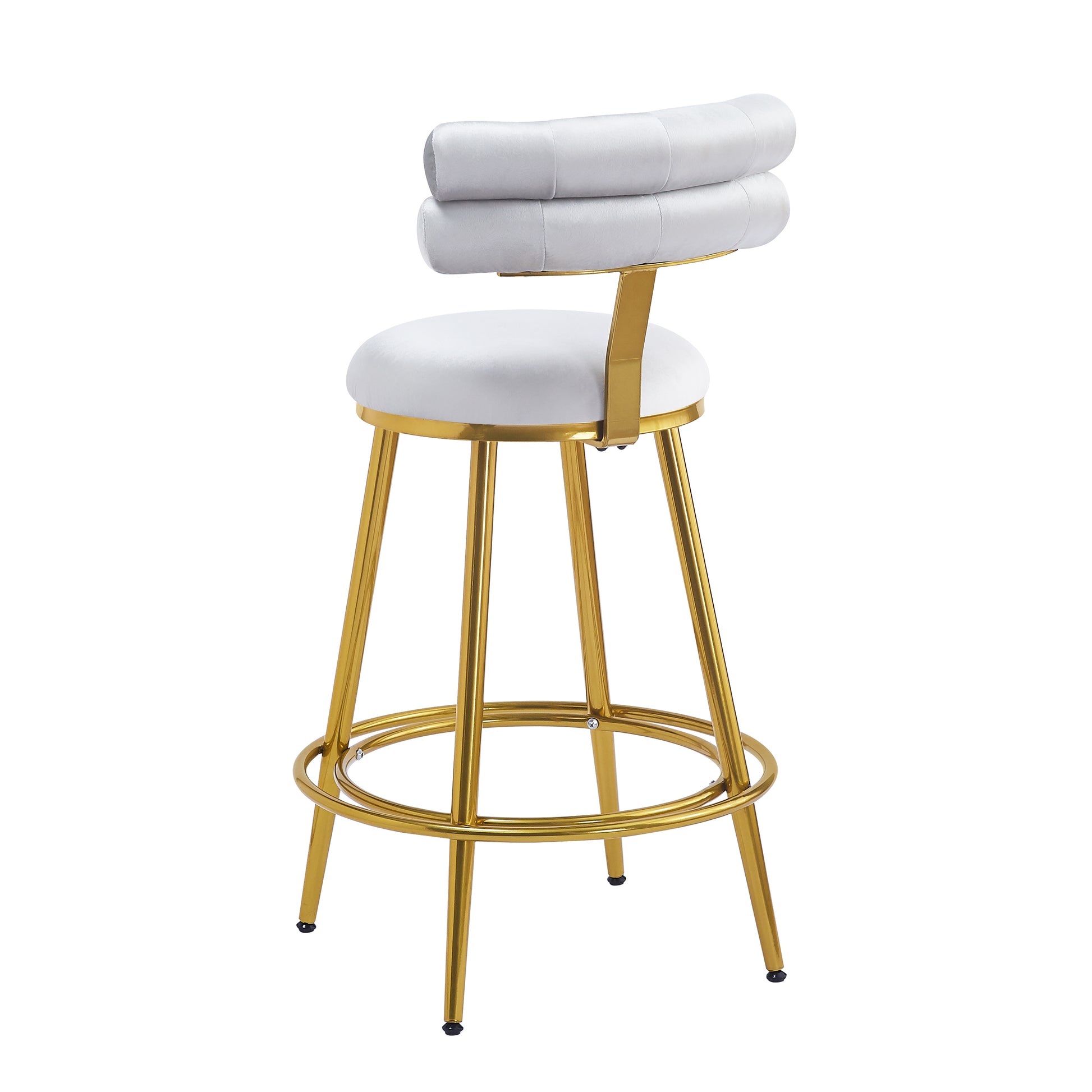 White velvet upholstered bar stool with plush segmented back and gold metal legs modern design