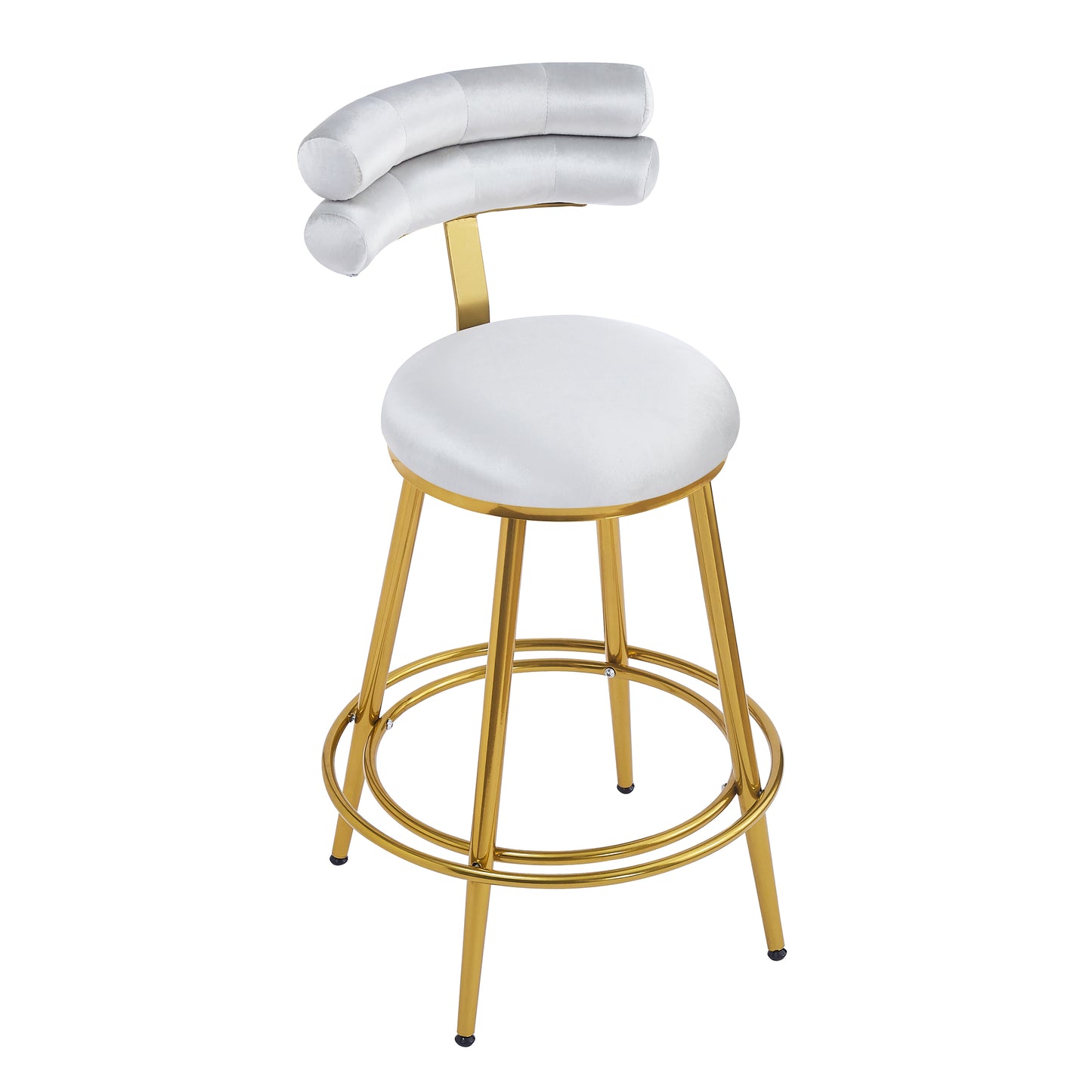 Modern white velvet bar stool with curved tufted back and gold legs