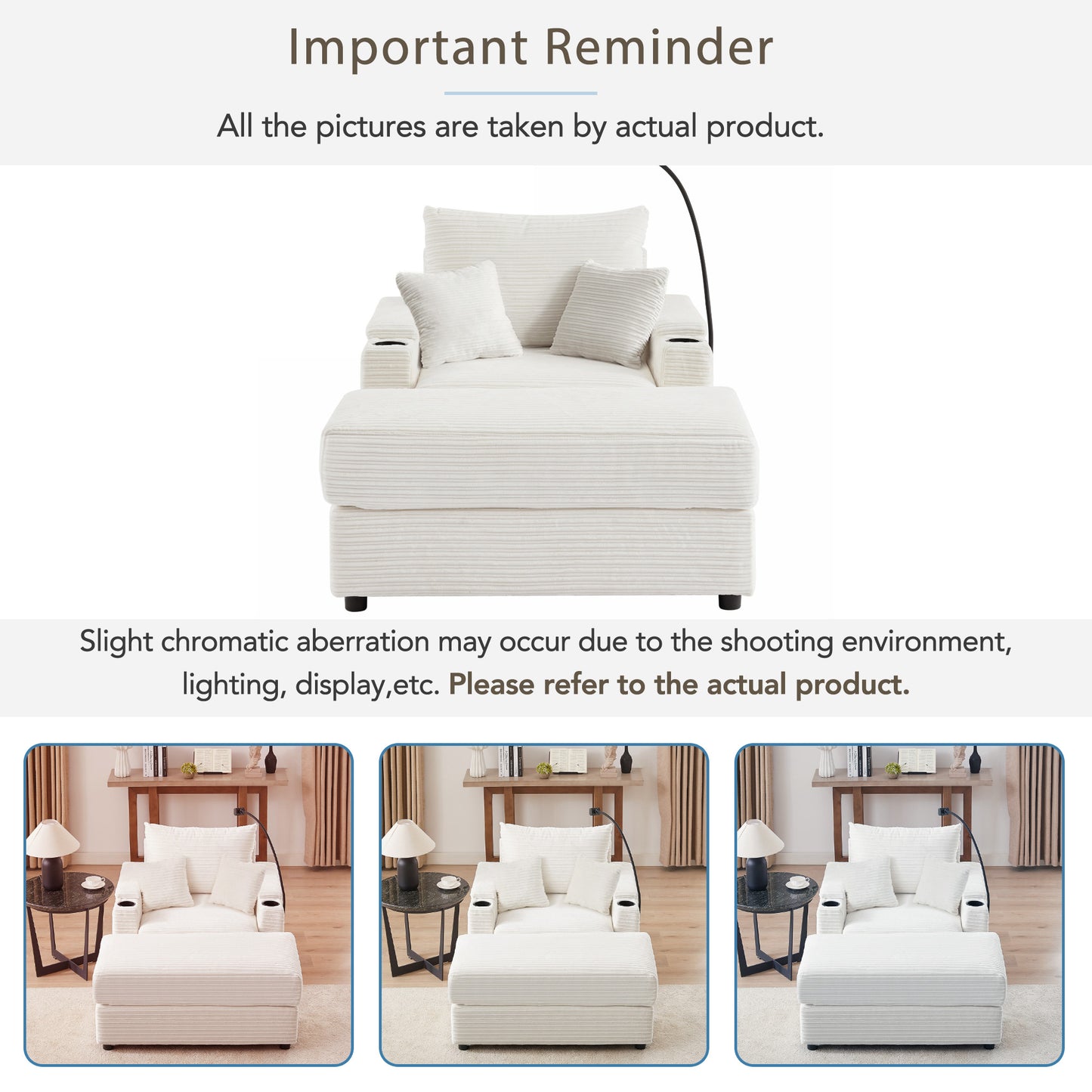 White corduroy accent chair with plush throw pillows and builtin cup holders