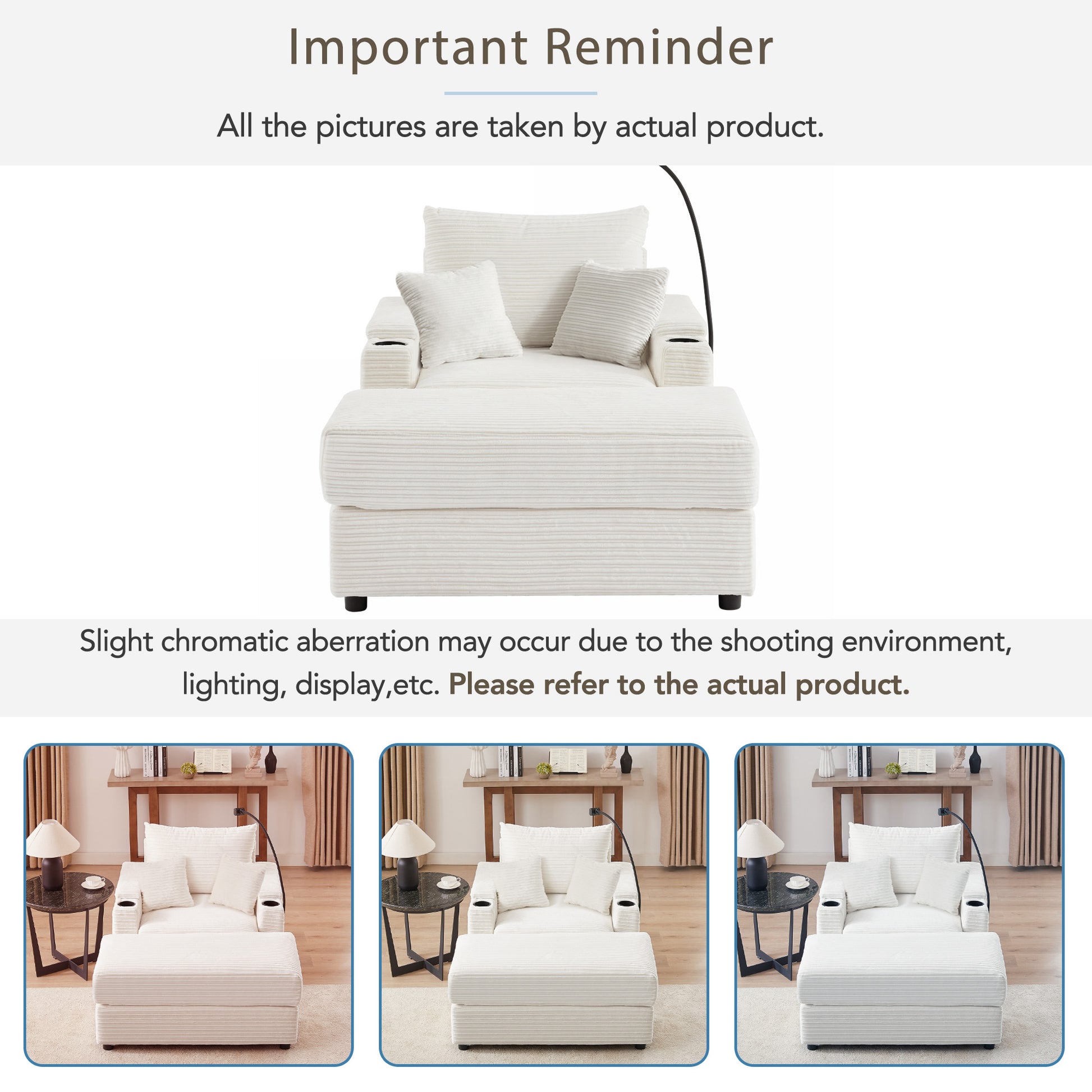 White corduroy accent chair with plush throw pillows and builtin cup holders
