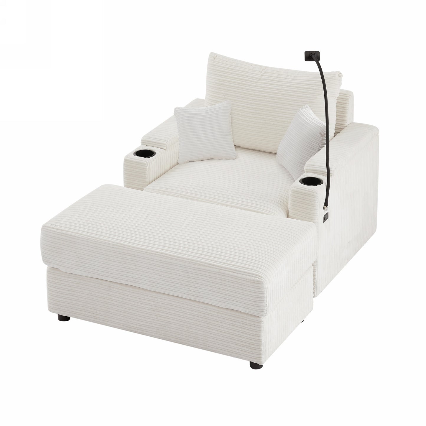 Plush white corduroy recliner chair with ottoman and builtin cup holders