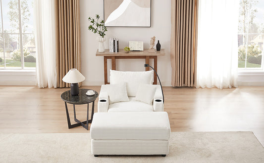 White fabric recliner chair with ottoman and builtin cup holders