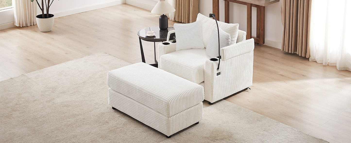 41.7" Modern Style Single Sofa with Storage, Movable Ottoman, USB Ports, and Cup Holders in Beige